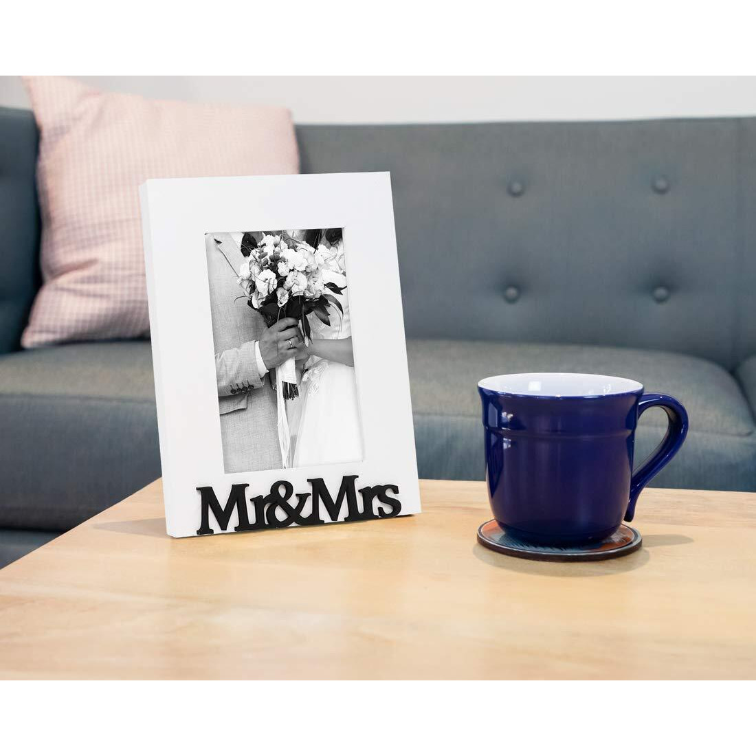 Isaac Jacobs White Wood Sentiments Mr & Mrs    Picture Frame, 4X6 Inch, Newlywed Photo Gift For Wedding, Display On Tabletop, Desk (White, 4X6)
