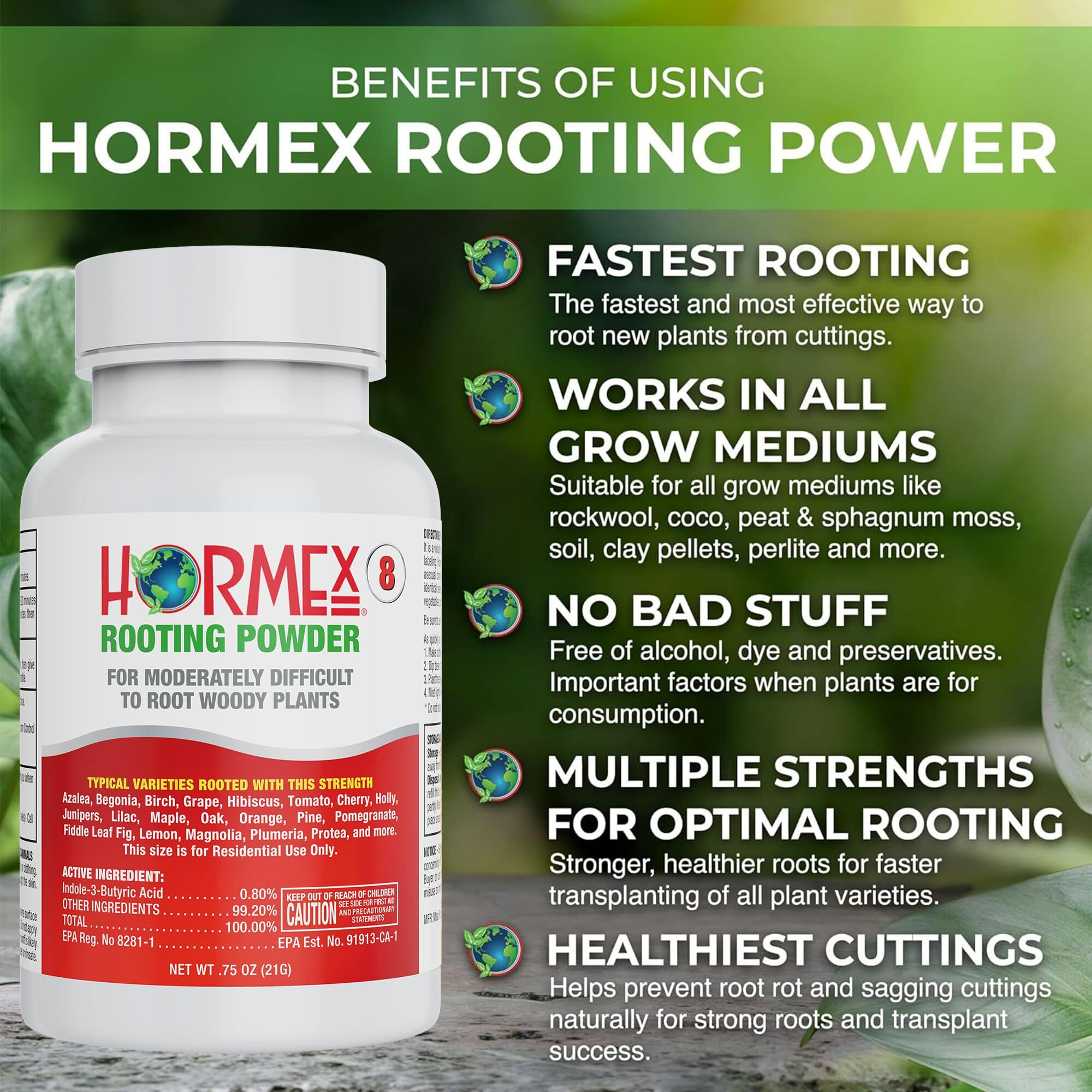 Hormex Rooting Powder 8 - For Moderately Difficult To Root Plants - 0.8 Iba Rooting Hormone For Plant Cuttings - Fast & Effective - Free Of Alcohol, Dye, Gel & Preservatives For Healthier Roots, 21G