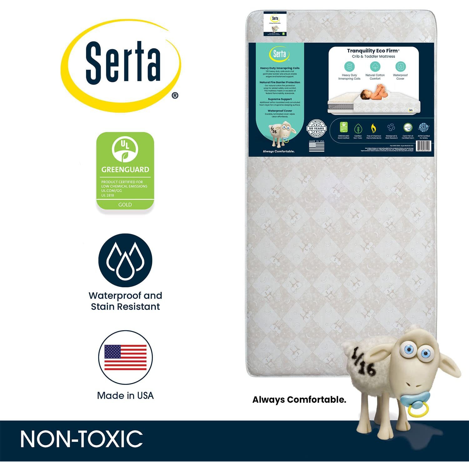 Serta Tranquility Eco Firm 2-Stage 6"" Premium Baby Crib Mattress & Toddler Mattress - Waterproof - Greenguard Gold Certified - 50 Year Warranty - Made In Usa