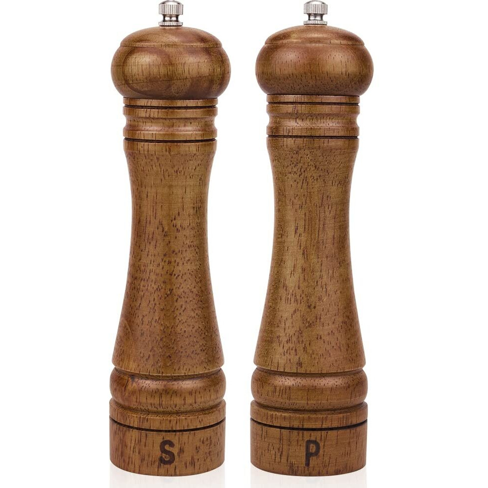 Xwxo Wood Salt And Pepper Mill Set - Adjustable Ceramic Grinders, Oak Wood Shakers For Kitchen, 8 Inches, Pack Of 2