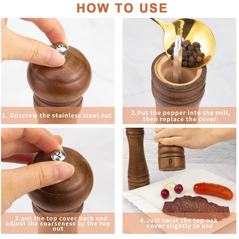 Xwxo Wood Salt And Pepper Mill Set - Adjustable Ceramic Grinders, Oak Wood Shakers For Kitchen, 8 Inches, Pack Of 2