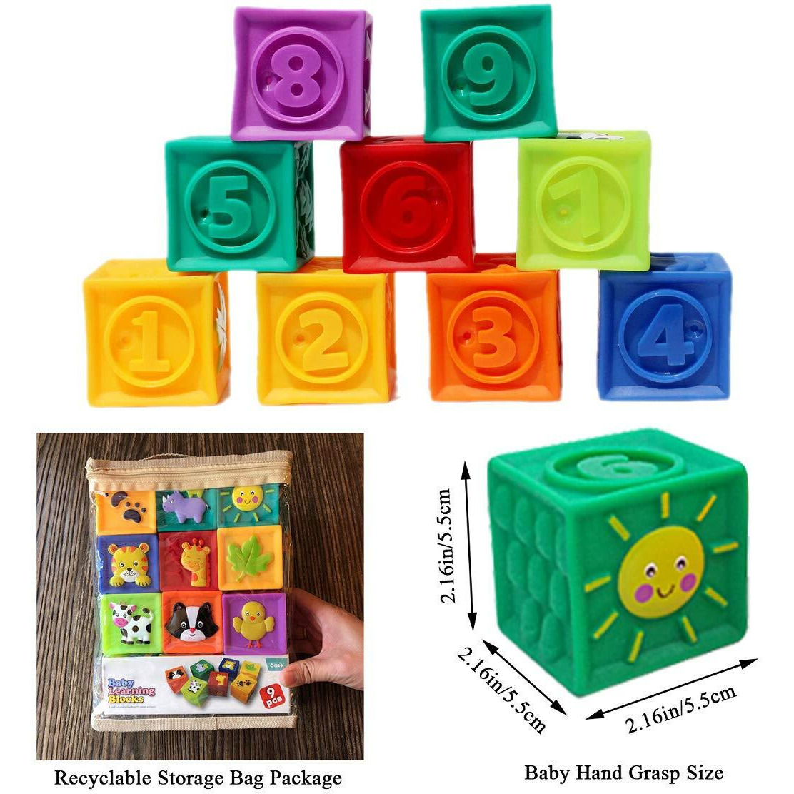 Kingtree Baby Blocks, 9Pcs Soft Squeeze Building Blocks Stacking Toys For 6+ Months Babies, Baby Teething Chewing Educational Blocks Set With Numbers Animals Shapes Textures