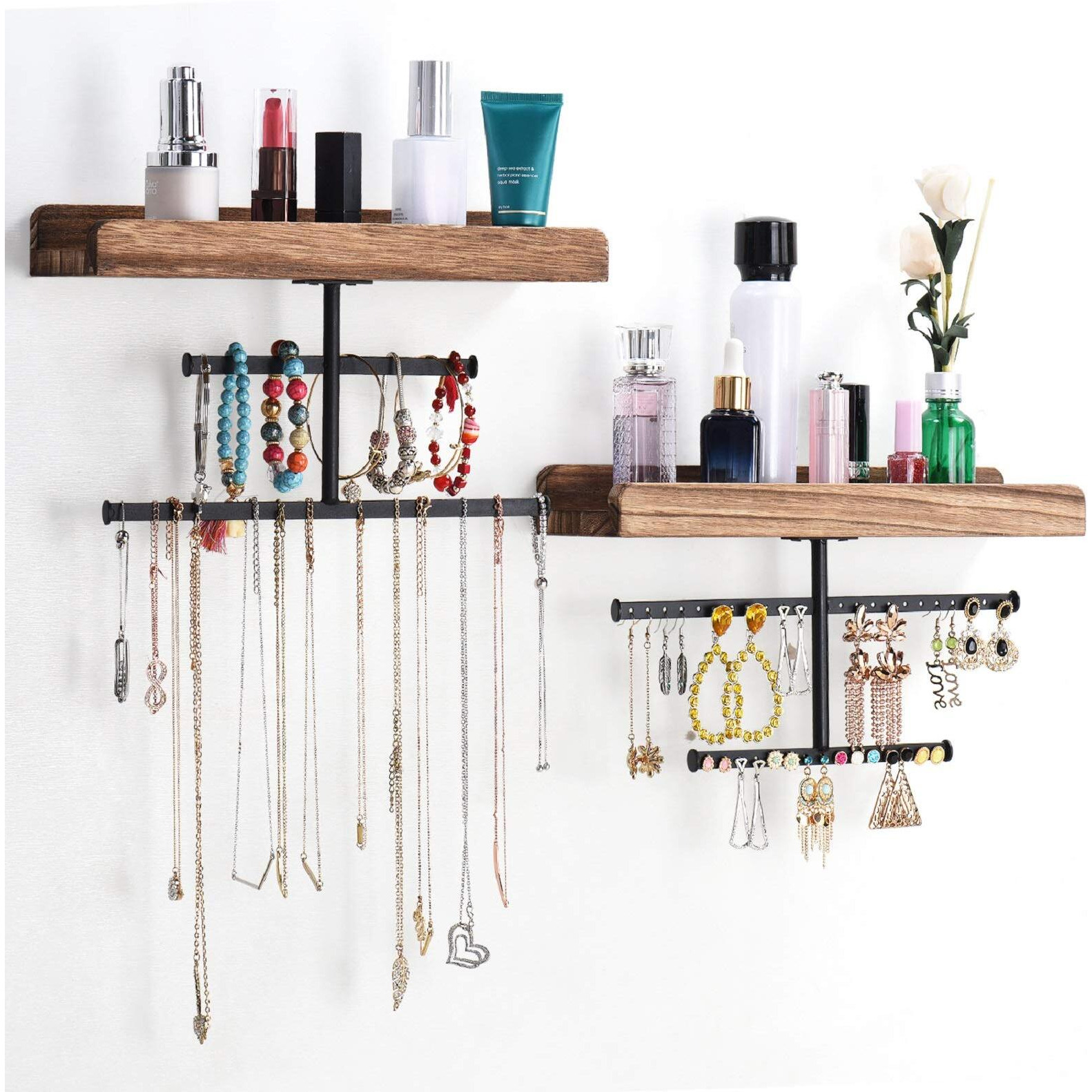Keebofly Hanging Wall Mounted Jewelry Organizer With Rustic Wood Jewelry Holder Display For Necklaces Bracelet Earrings Ring Set Of 2 Carbonized Black,[Patented]