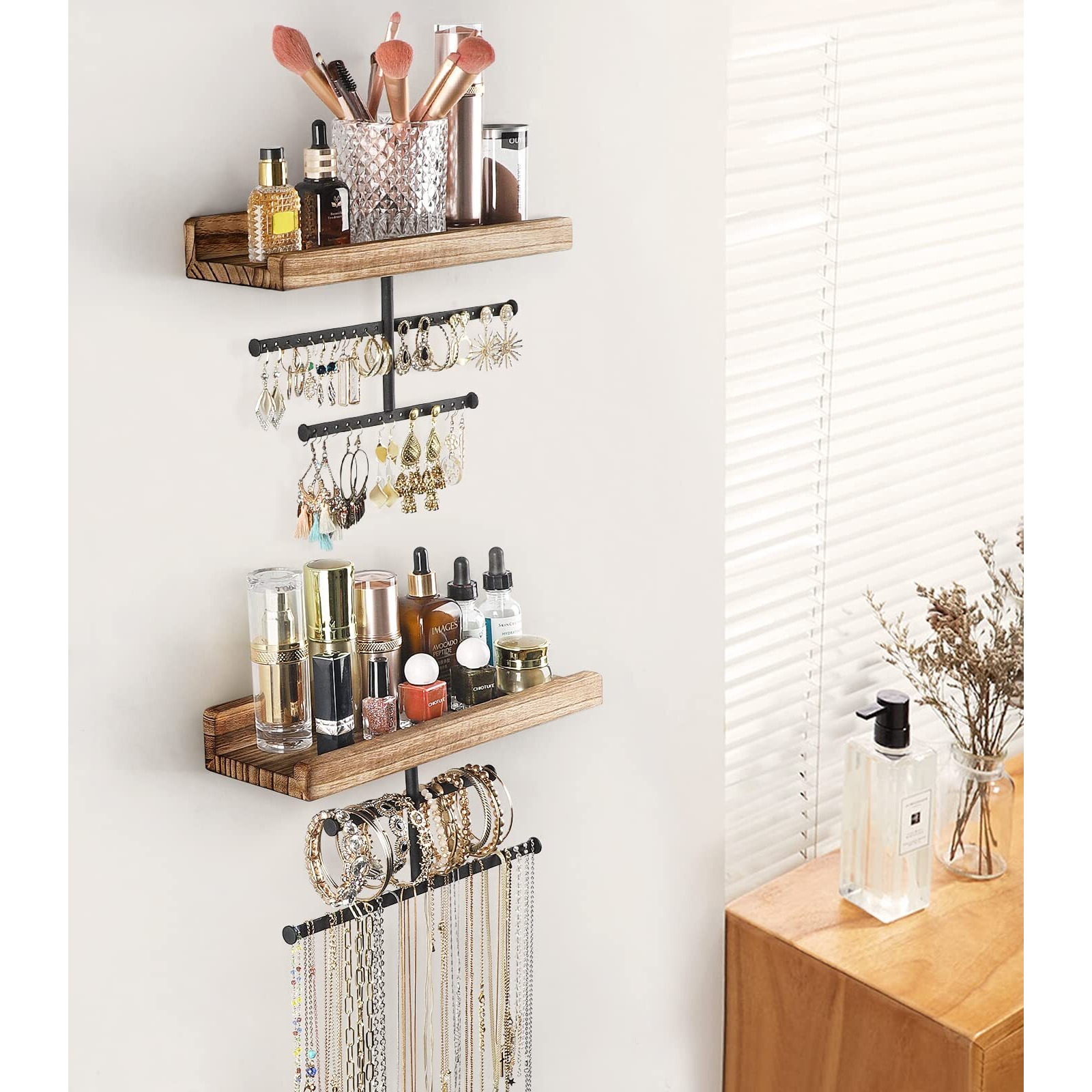 Keebofly Hanging Wall Mounted Jewelry Organizer With Rustic Wood Jewelry Holder Display For Necklaces Bracelet Earrings Ring Set Of 2 Carbonized Black,[Patented]