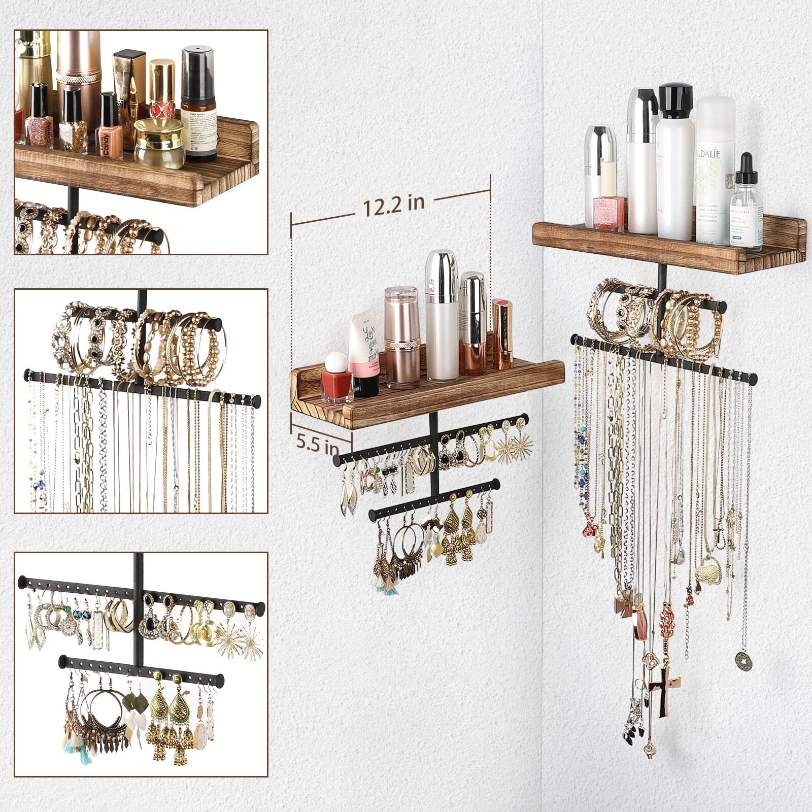 Keebofly Hanging Wall Mounted Jewelry Organizer With Rustic Wood Jewelry Holder Display For Necklaces Bracelet Earrings Ring Set Of 2 Carbonized Black,[Patented]
