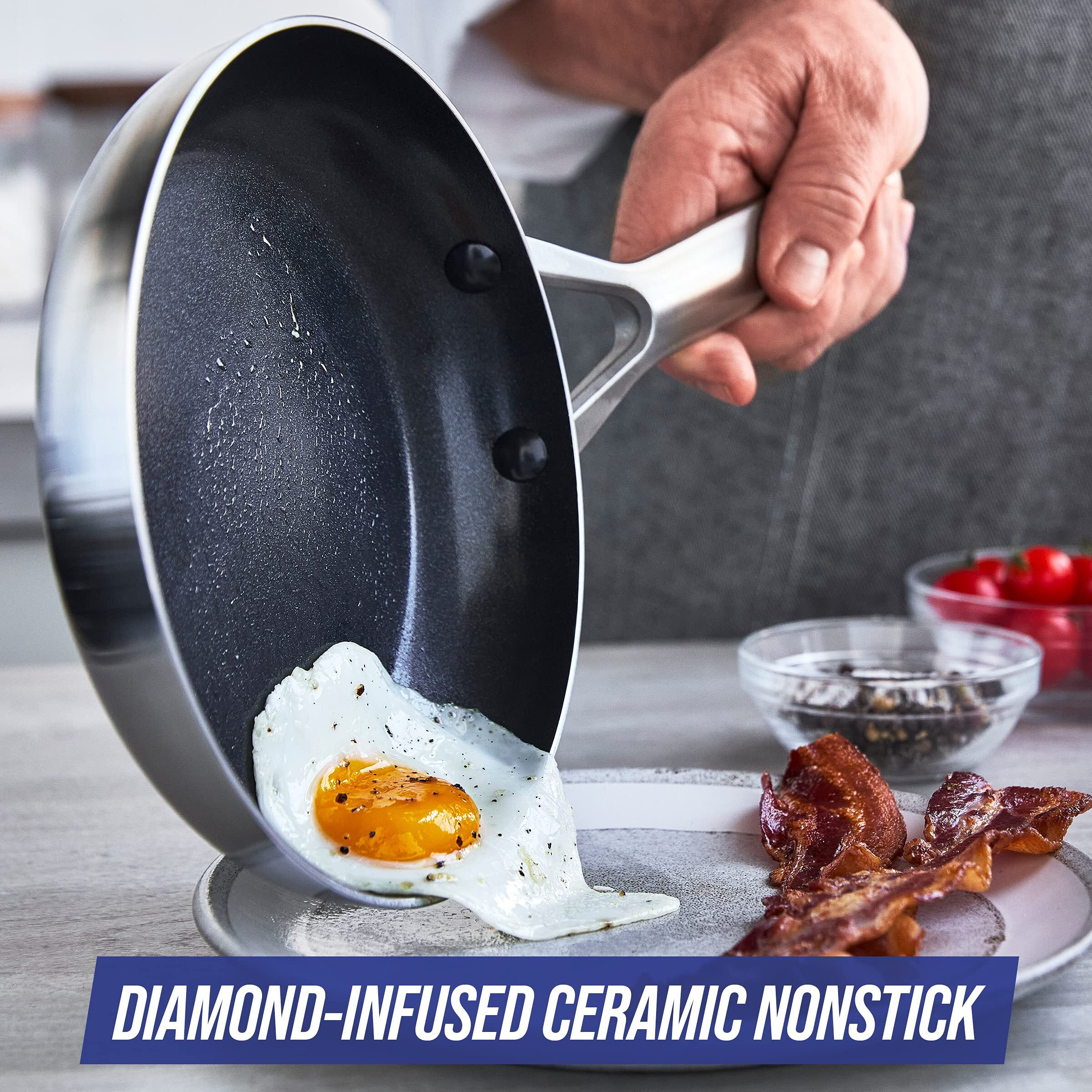 Blue Diamond Tri-Ply Cookware Set, Stainless Steel, Ceramic Nonstick, 9.5"" 11"" Frying Pan Skillet, Pfas Pfoa Free, Multi Clad, Induction Compatible, Dishwasher Safe, Oven Safe, Diamond Infused, Silver
