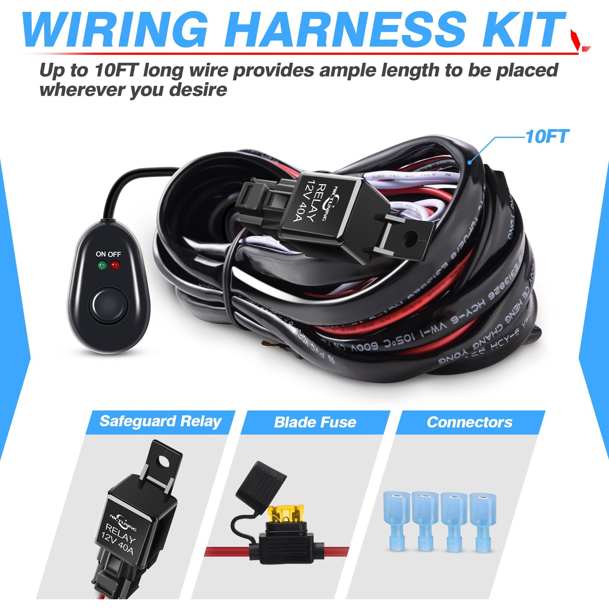 Mictuning Led Light Bar Wiring Harness Off Road Power 40A Relay Fuse On-Off Switch (2 Lead)
