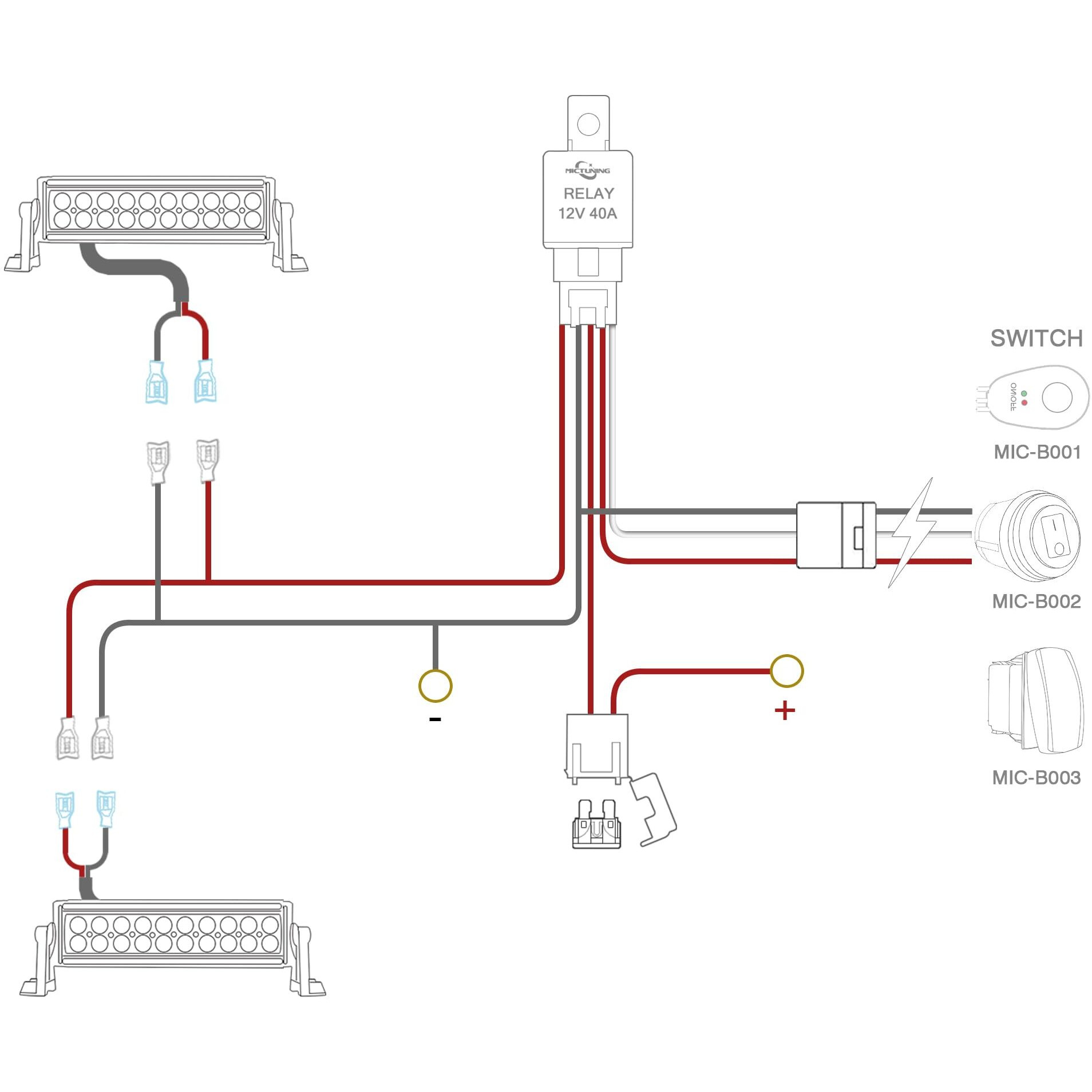 Mictuning Led Light Bar Wiring Harness Off Road Power 40A Relay Fuse On-Off Switch (2 Lead)