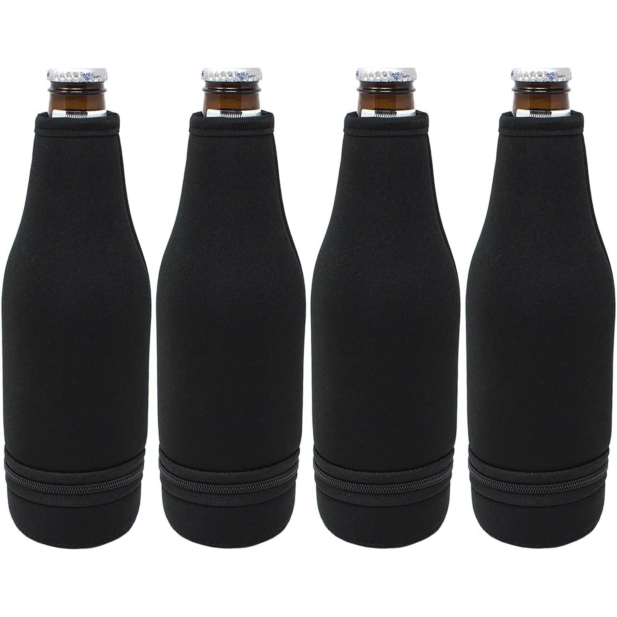 Tahoebay Beer Bottle Sleeves - Easy Zipper Bottom - Neoprene Insulated Cooler Covers Fit Standard 12Oz Long Neck Bottles Enclosed Bottom (Black, 4-Pack)