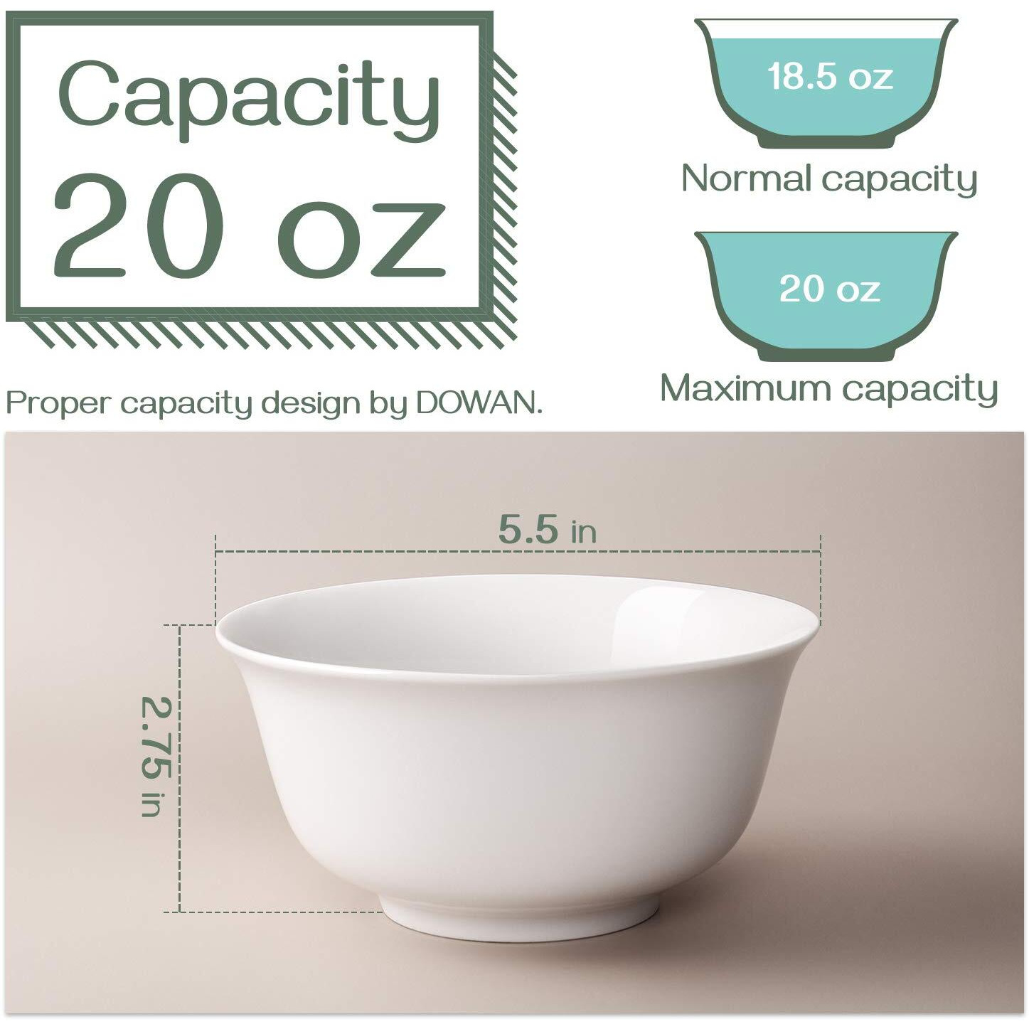 Dowan 20 Oz Ceramic Soup Bowls & Cereal Bowls - White Bowls Set Of 6 For Kitchen - Bowls For Cereal, Soup, Oatmeal, Rice, Pasta, Salad - Dishwasher & Microwave Safe