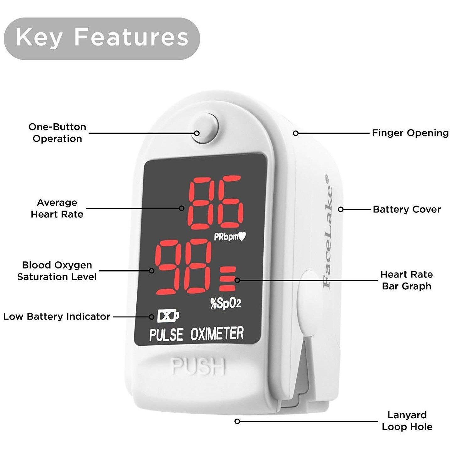 Facelake Fl400 Pulse Oximeter With Neck/Wrist Cord, Carrying Case And Batteries- White