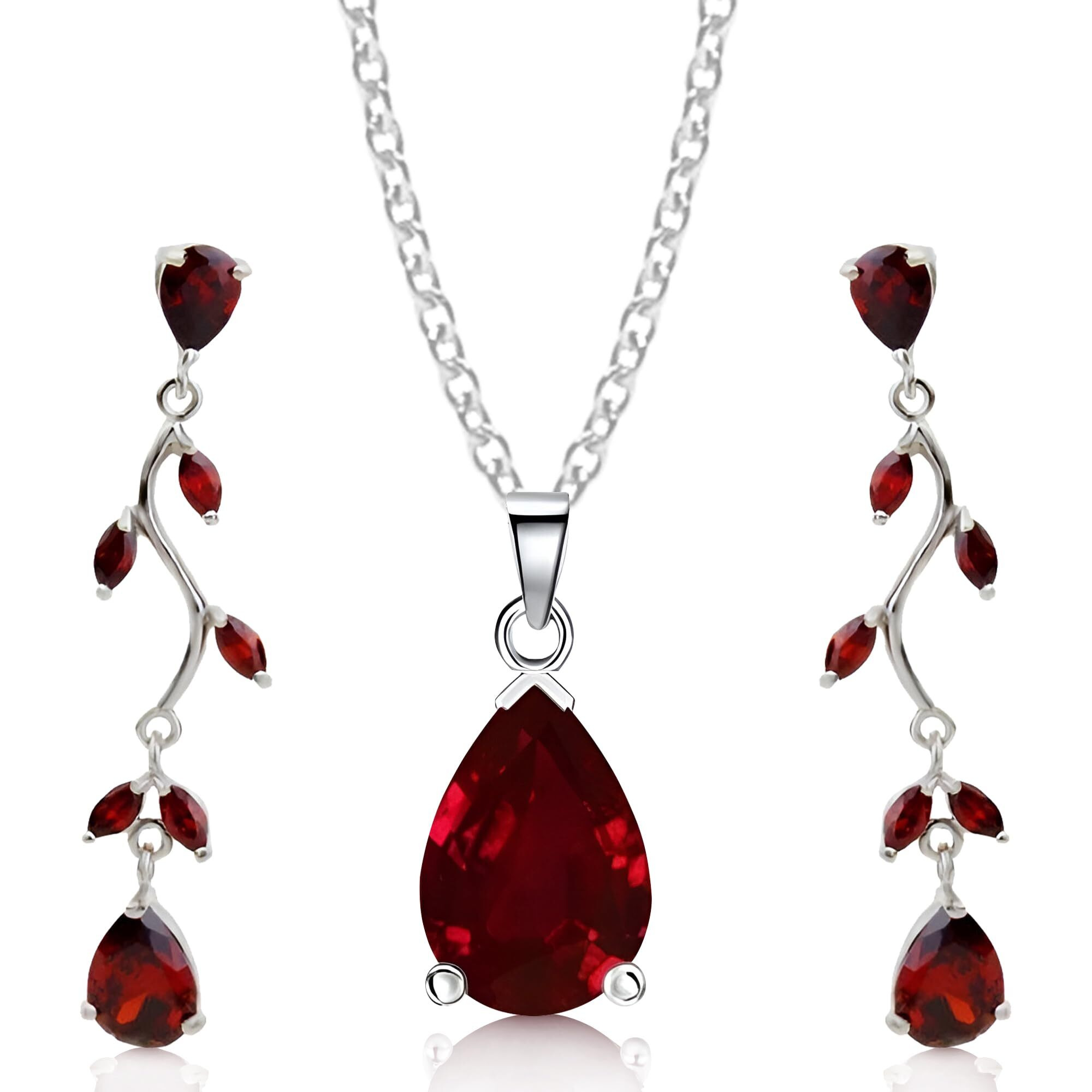 Crystalline Azuria Teardrops Set With Red Zirconia Crystals Necklace 18 Inches Dangle Earrings 18K White Gold Plated For Women