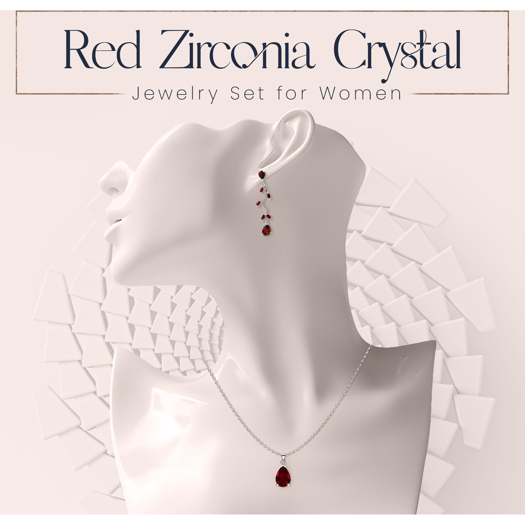 Crystalline Azuria Teardrops Set With Red Zirconia Crystals Necklace 18 Inches Dangle Earrings 18K White Gold Plated For Women