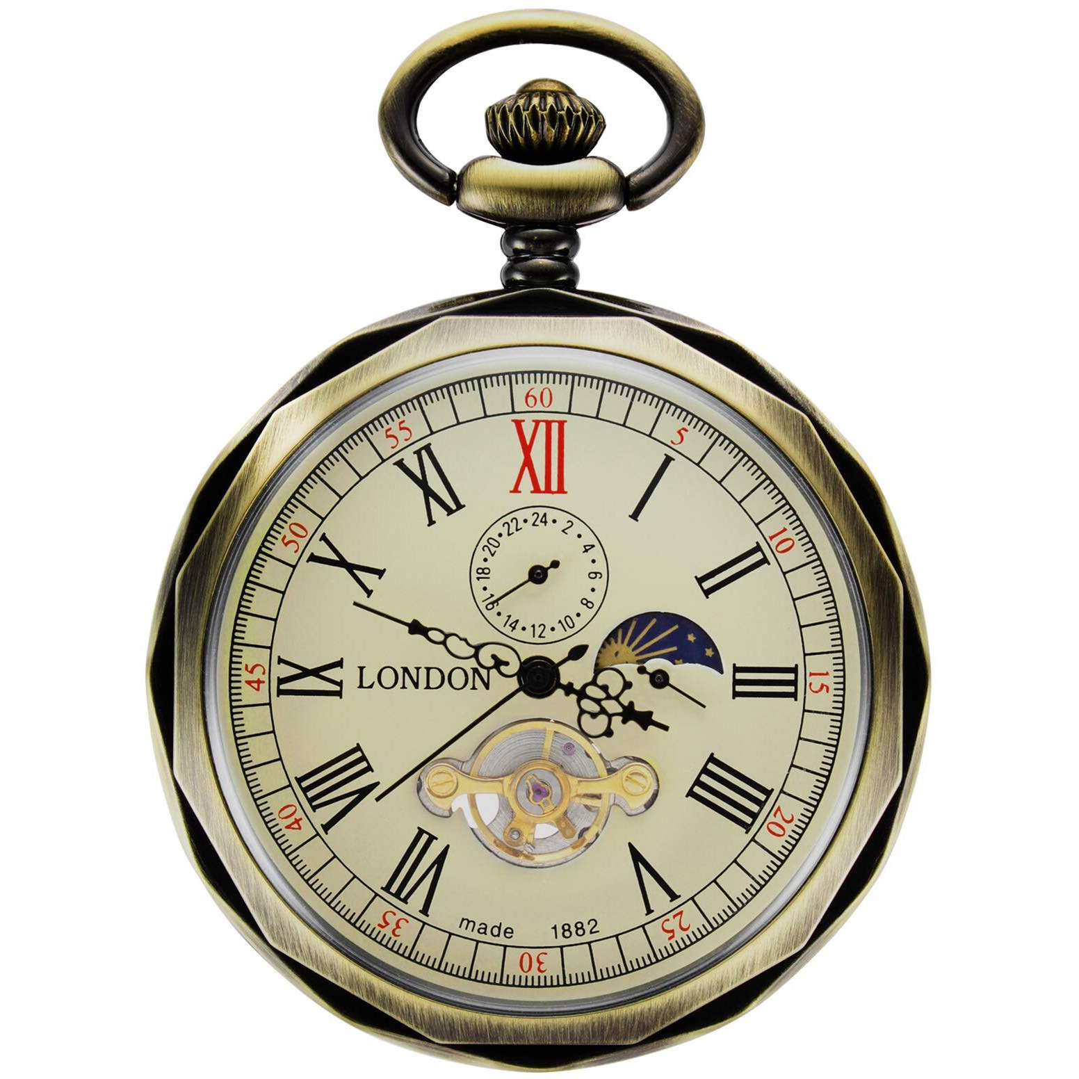 Treeweto Mechanical Pocket Watches Bronze Roman Numerals Open Face With Chain Men 24-Hour Moon Sun + Box