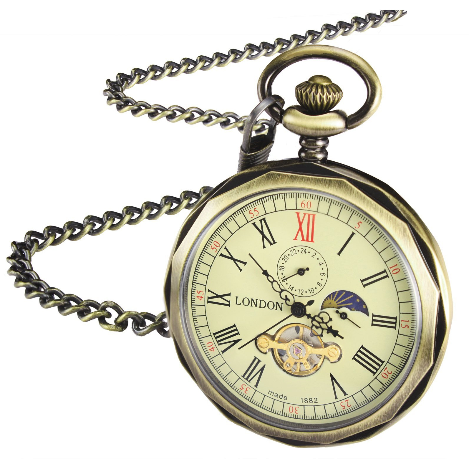 Treeweto Mechanical Pocket Watches Bronze Roman Numerals Open Face With Chain Men 24-Hour Moon Sun + Box