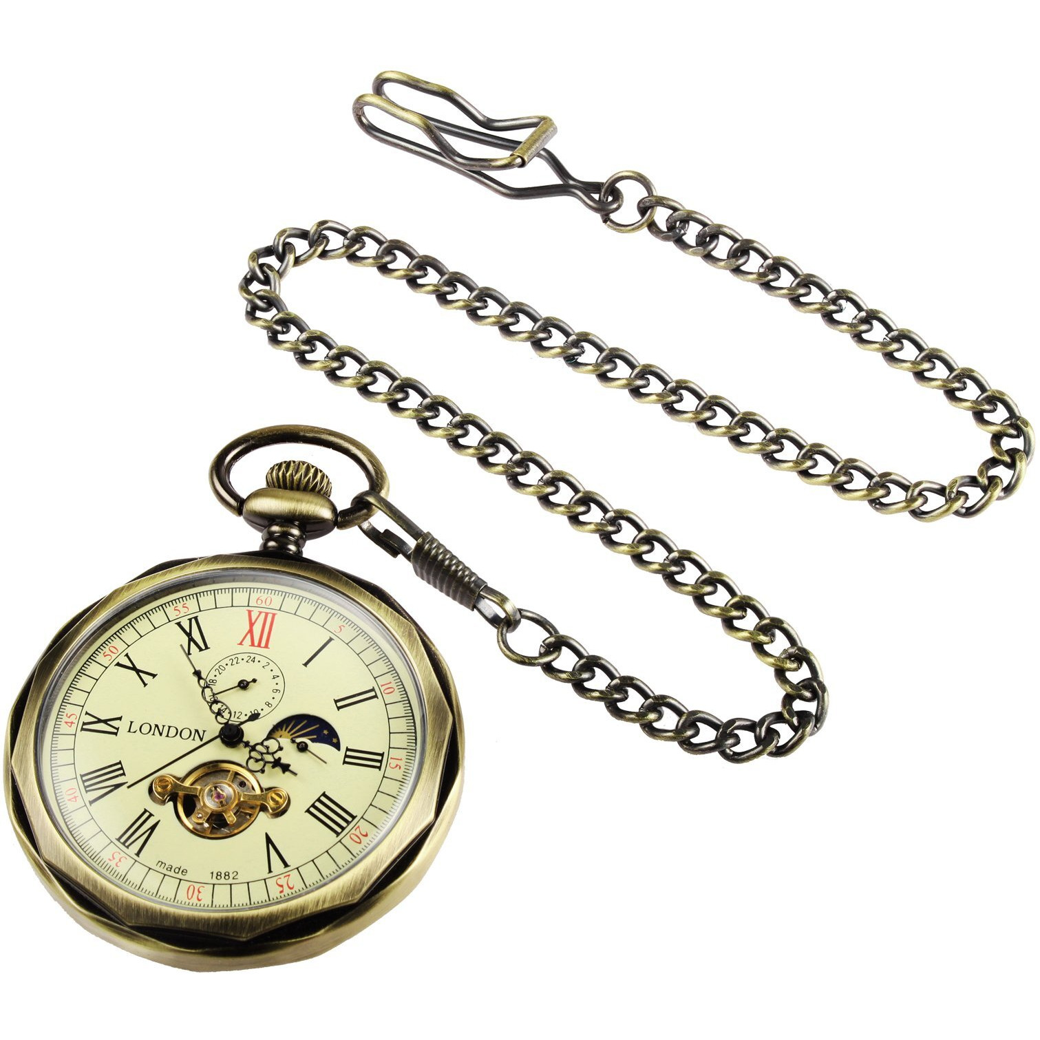 Treeweto Mechanical Pocket Watches Bronze Roman Numerals Open Face With Chain Men 24-Hour Moon Sun + Box