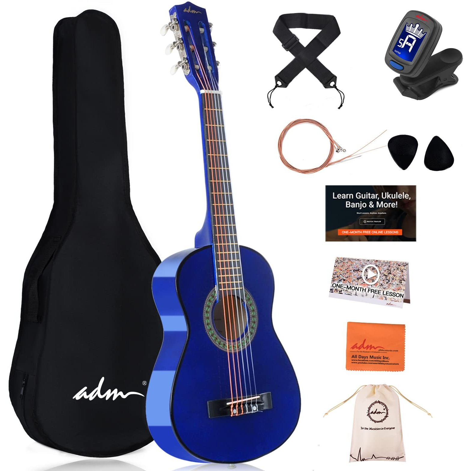 Adm Beginner Acoustic Classical Guitar 30 Inch Nylon Strings Wooden Guitar Bundle Kit For Kid Boy Girl Student Youth Guitarra Online Lessons With Gig Bag, Strap, Tuner, Extra Strings, Picks,Blue