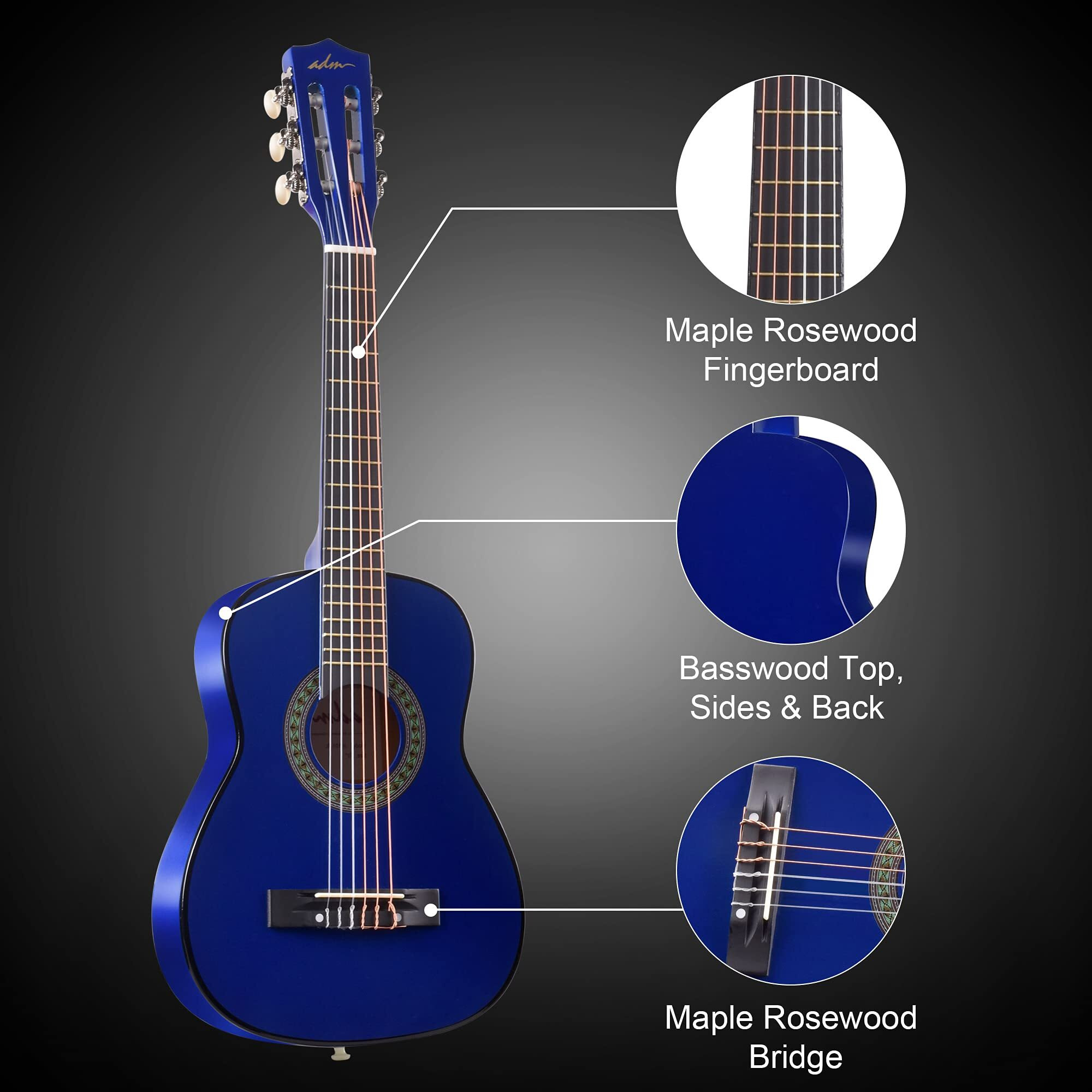 Adm Beginner Acoustic Classical Guitar 30 Inch Nylon Strings Wooden Guitar Bundle Kit For Kid Boy Girl Student Youth Guitarra Online Lessons With Gig Bag, Strap, Tuner, Extra Strings, Picks,Blue