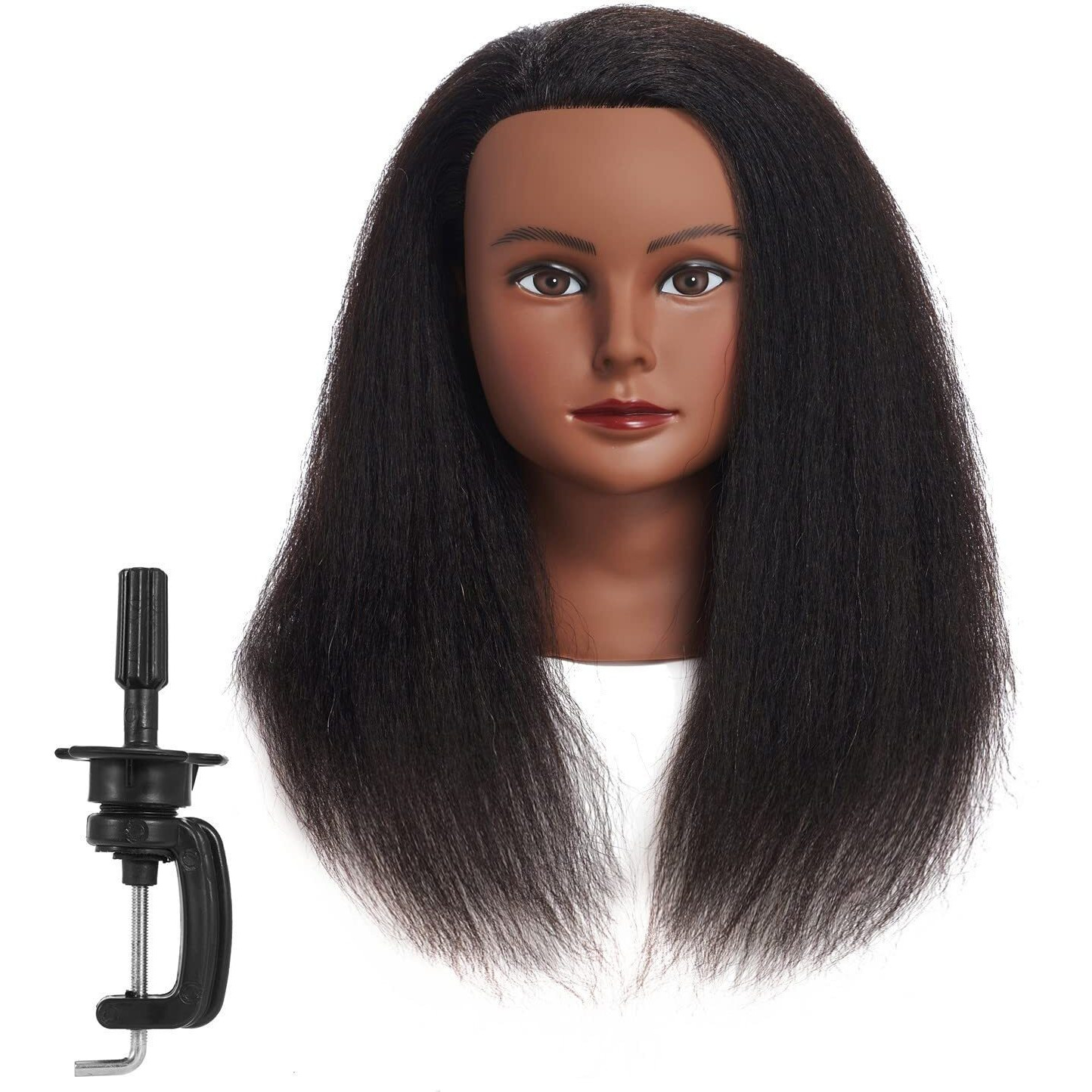 Traininghead 100% Real Hair Mannequin Head Training Head Cosmetology Doll Head Manikin Practice Head Hairdresser With Free Clamp Holder Female (Black Hair B)