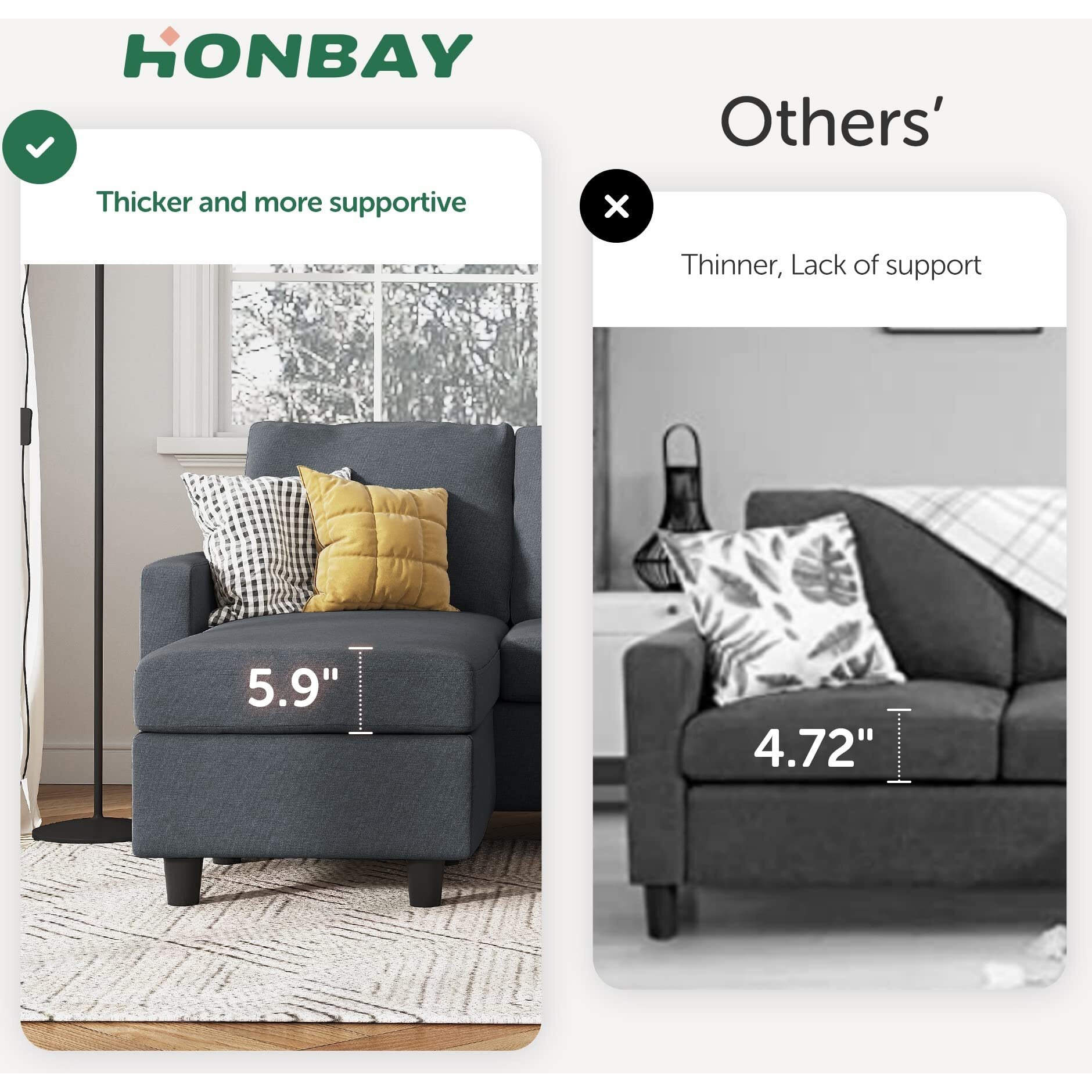 Honbay Convertible Sectional Sofa, L Shaped Couch With Reversible Chaise For Small Space, Dark Grey