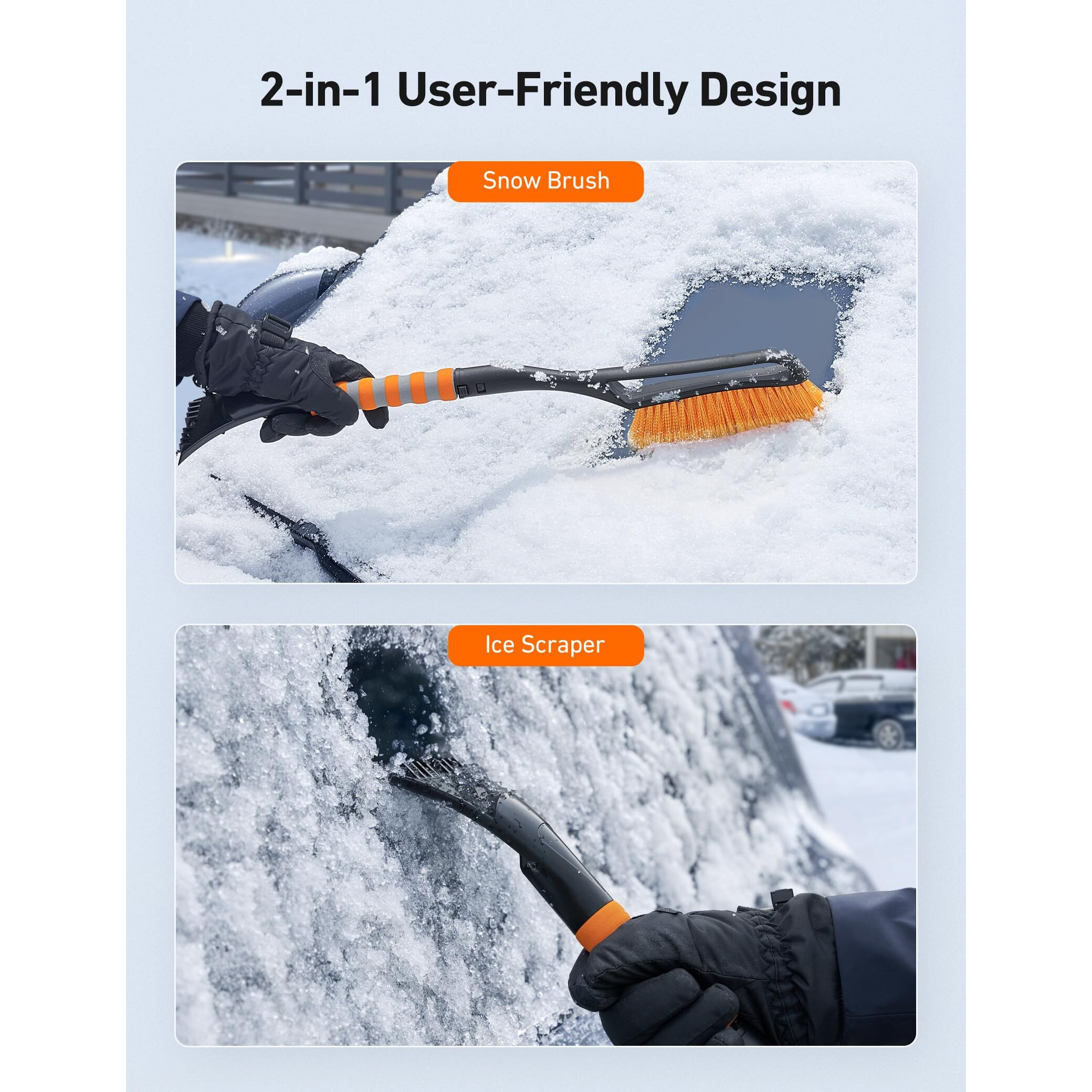 Astroai 27 "" Snow Brush And Ice Scrapers For Car Windshield, Detachable Snow Scrapers With Ergonomic Foam Grip For Cars, Trucks, Suvs (Heavy Duty Abs, Pvc Brush, Orange)