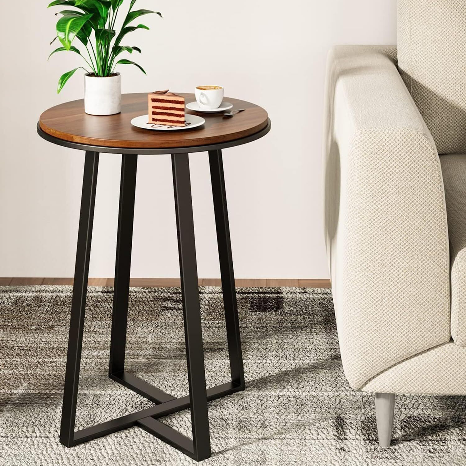 Dorriss Round End Tables, Small Side Table Walnut Color Mdf Top, Metal Frame Black, Tall End Table For Bed Room, Coffee Tea End Table For Living Room(Walnut+Black)