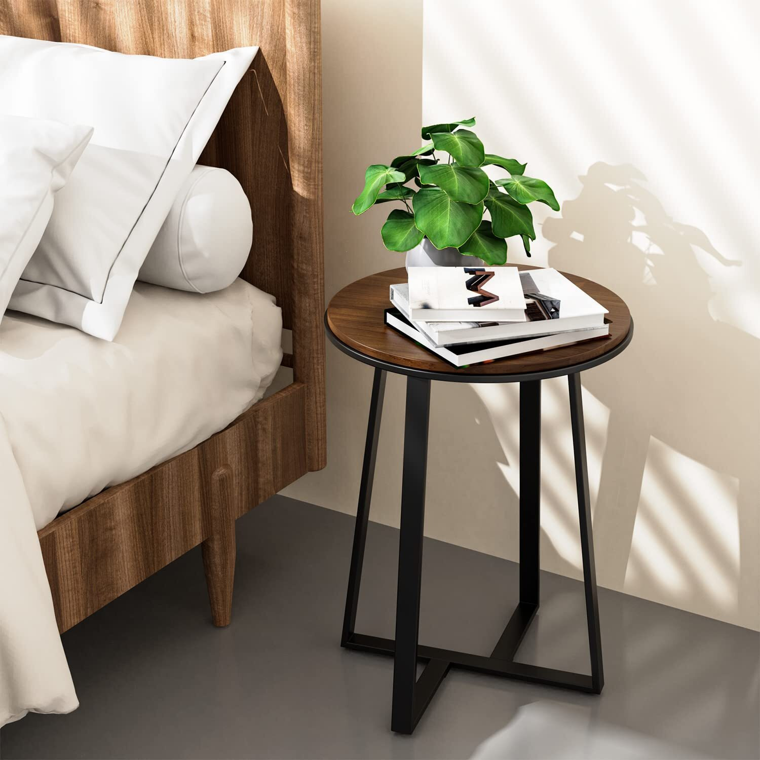 Dorriss Round End Tables, Small Side Table Walnut Color Mdf Top, Metal Frame Black, Tall End Table For Bed Room, Coffee Tea End Table For Living Room(Walnut+Black)