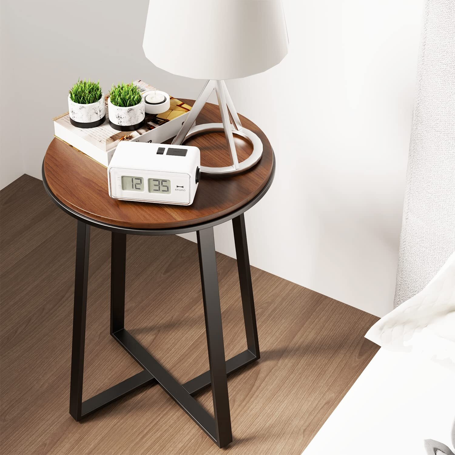Dorriss Round End Tables, Small Side Table Walnut Color Mdf Top, Metal Frame Black, Tall End Table For Bed Room, Coffee Tea End Table For Living Room(Walnut+Black)