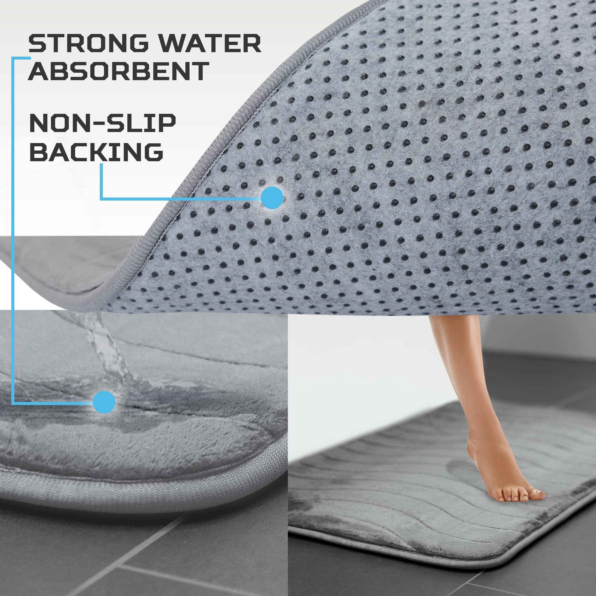 Elvoki Luxury Bathroom Rugs Set 5 Piece - Memory Foam Bath Mat Set, Toilet Rug Set. Strong Absorbent, Non-Slip, Ultra Soft, Easy To Clean, Gray