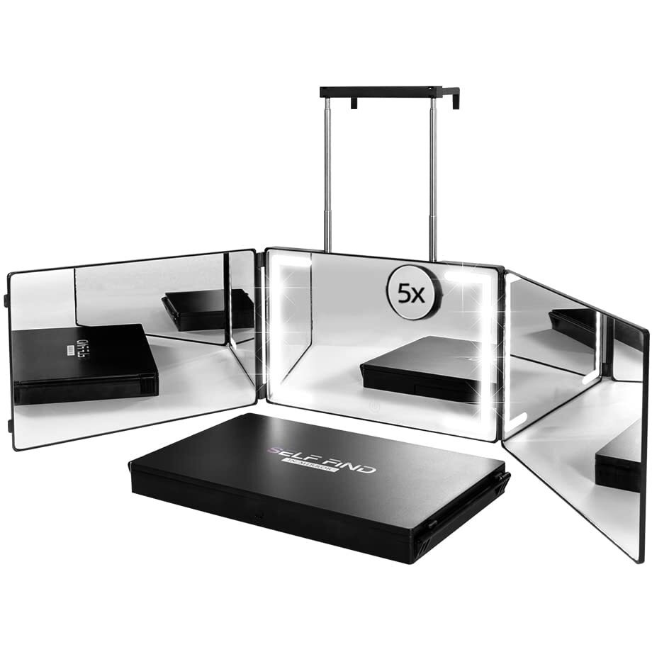 Self Find-3 Way Mirror For Self Hair Cutting With Ring Light,Rechargeable 360 Mirror For Hair Tools,Light And Height Adjustable