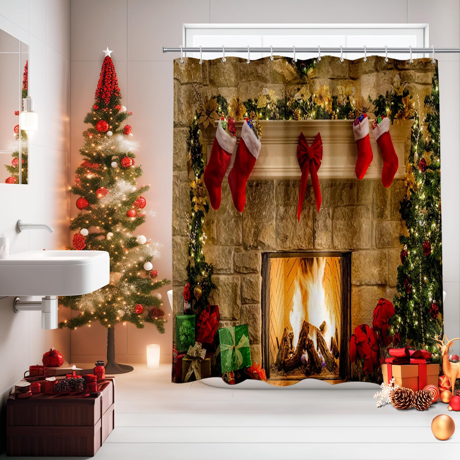 Broshan Fabric Christmas Shower Curtain, Red Christmas Shower Curtains For Bathroom, Winter Holiday Christmas Bathroom Decor, Xmas Tree Fireplace Pattern
