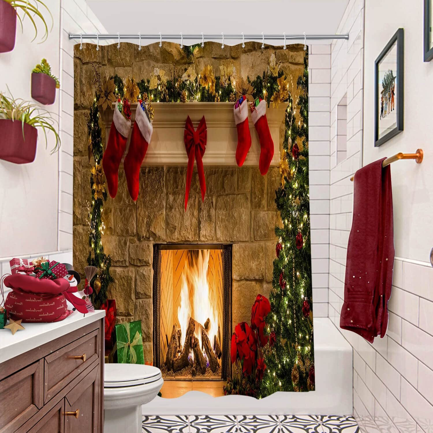 Broshan Fabric Christmas Shower Curtain, Red Christmas Shower Curtains For Bathroom, Winter Holiday Christmas Bathroom Decor, Xmas Tree Fireplace Pattern