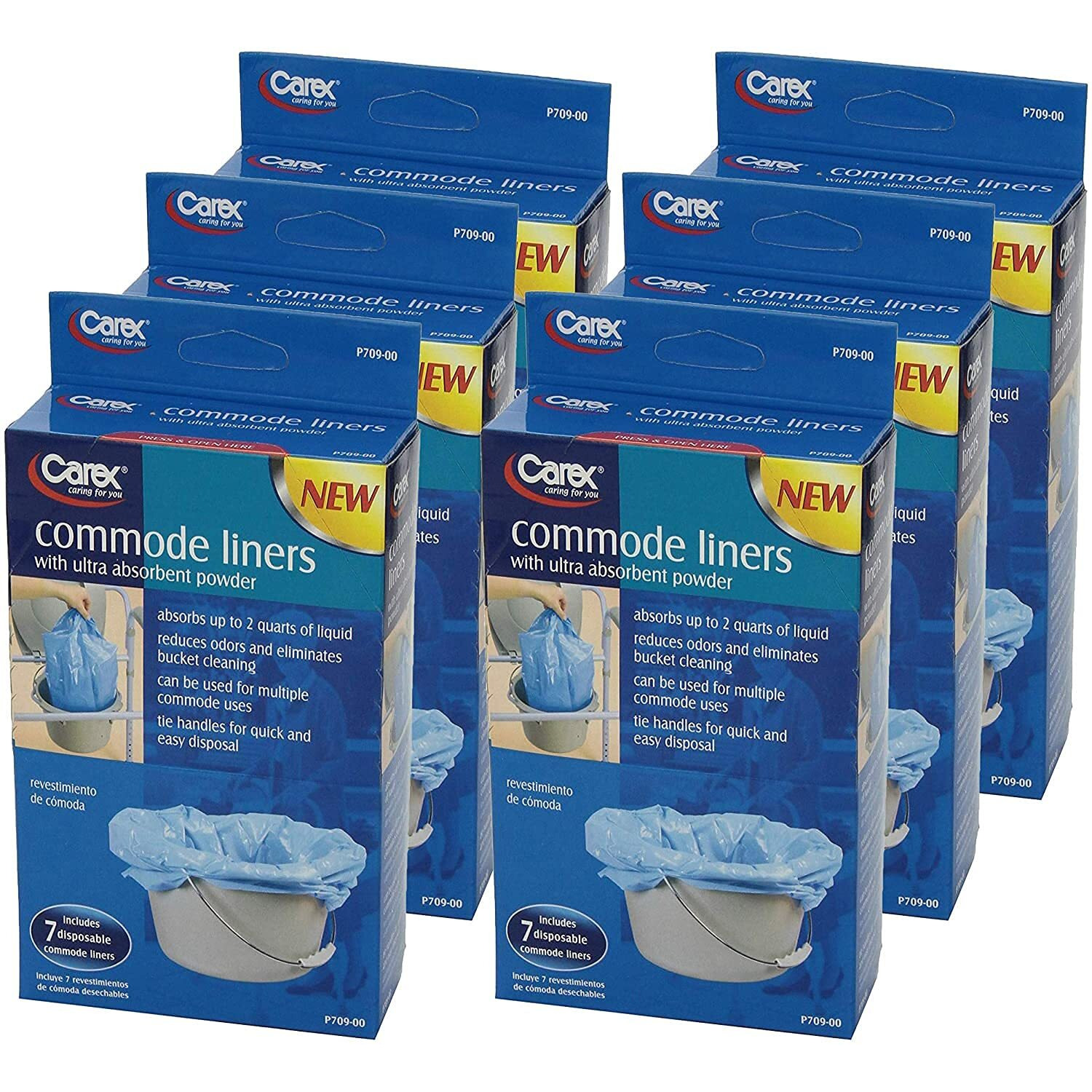 Carex Bedside Commode Liners Disposable - Fits Most Commodes, Toilet Liners With Absorbent Powder, Holds 2 Quarts Liquid, Disposable - 7 Count (Pack Of 6)