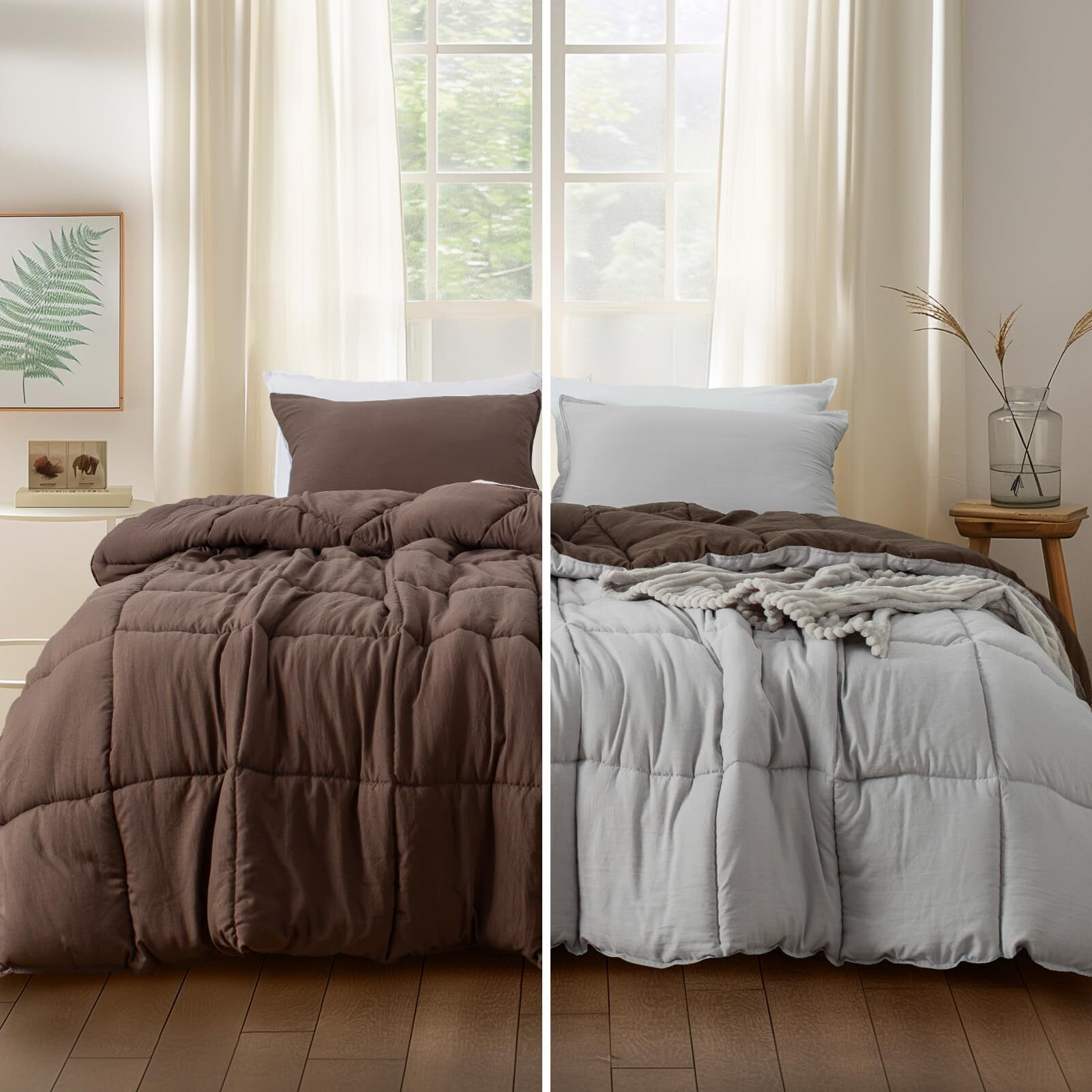 Kasentex King Size Comforter Set With 2 Shams - Down Alternative Duvet Insert With Corner Ties, Reversible, Lightweight, Ultra Soft, Machine Washable, All-Season(Silver Cloud/Chocolate Brown)