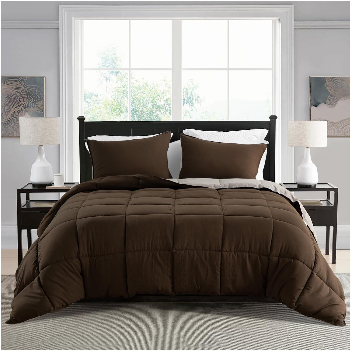 Kasentex King Size Comforter Set With 2 Shams - Down Alternative Duvet Insert With Corner Ties, Reversible, Lightweight, Ultra Soft, Machine Washable, All-Season(Silver Cloud/Chocolate Brown)