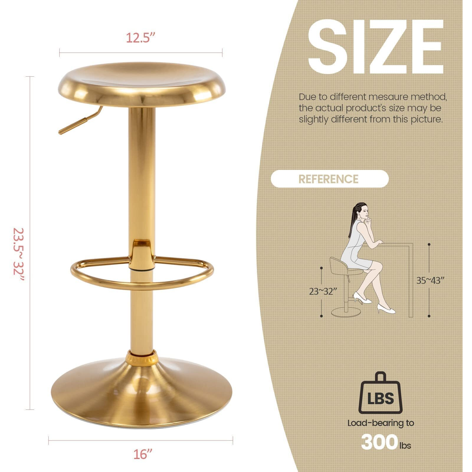 Brage Living Adjustable Bar Stool, Swivel Round Metal Airlift Barstool, Backless Counter Height Bar Chair For Kitchen Dining Room Pub Cafe, 1 Pc (Gold)