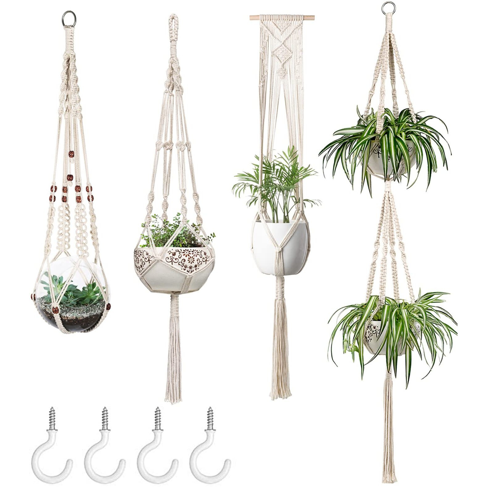 Mkono Macrame Plant Hangers Set Of 4 Indoor Hanging Planter Basket Wall Decorative Flower Pot Holder With 4 Hooks For Indoor Outdoor Home Decor Gift Box, Ivory