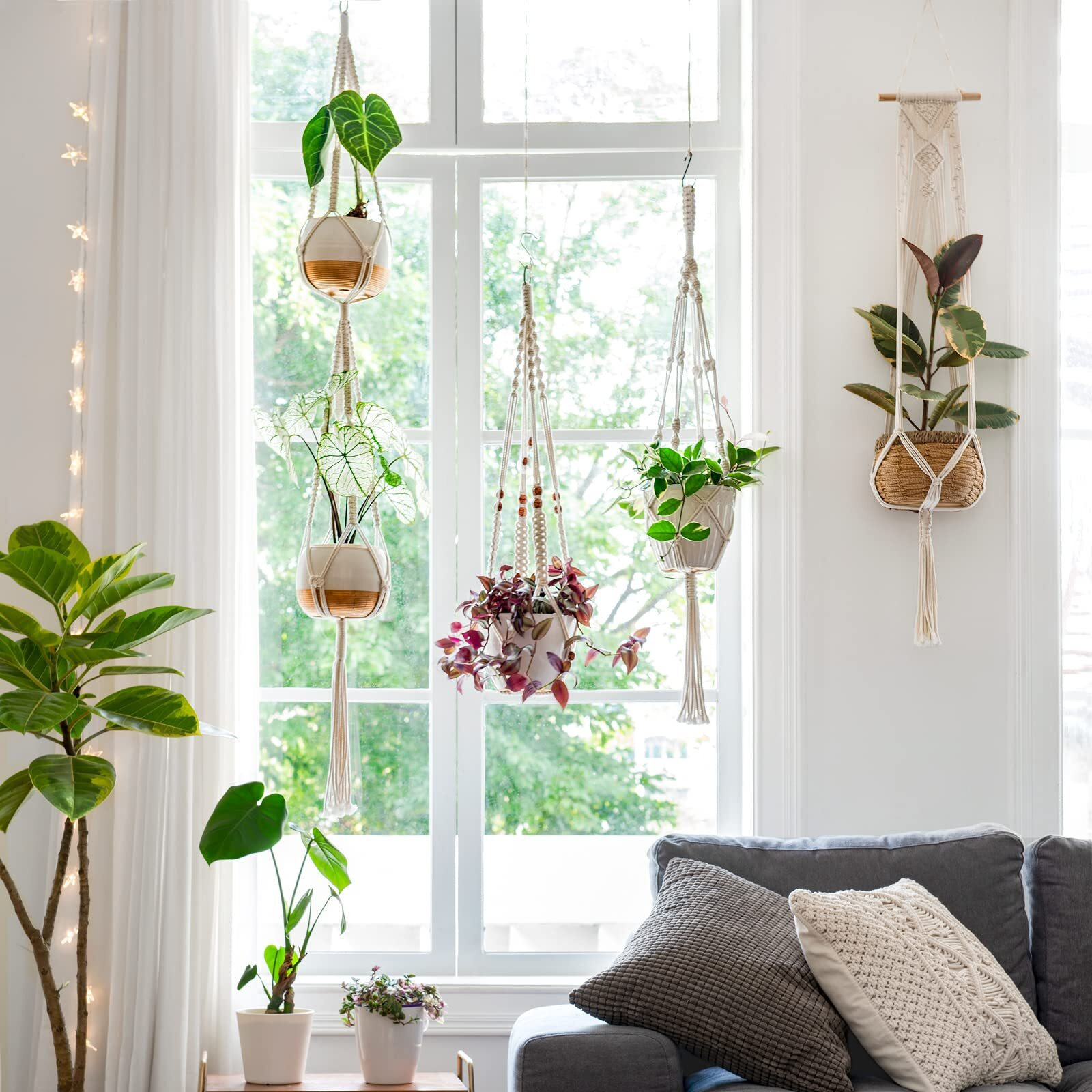 Mkono Macrame Plant Hangers Set Of 4 Indoor Hanging Planter Basket Wall Decorative Flower Pot Holder With 4 Hooks For Indoor Outdoor Home Decor Gift Box, Ivory