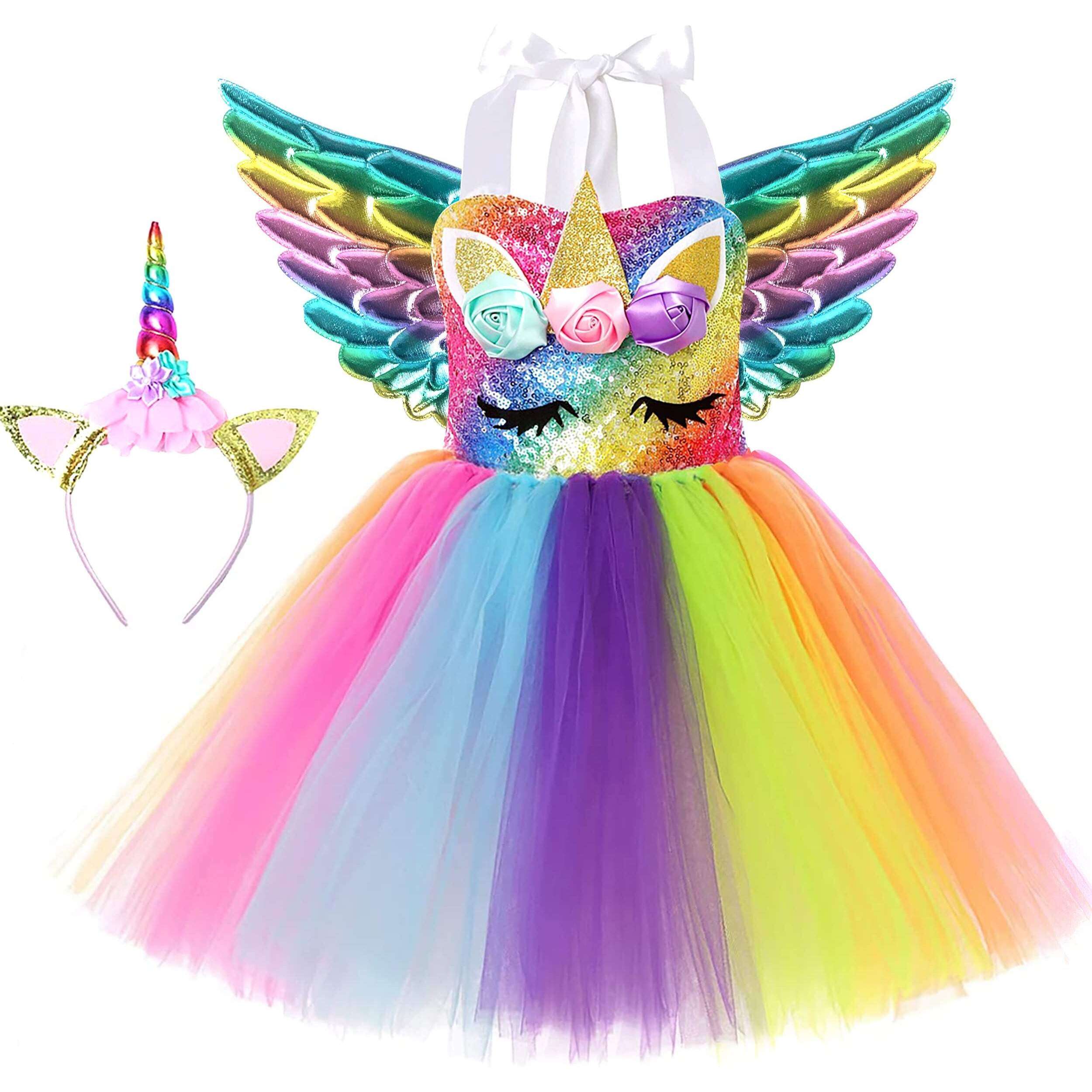 Soyoekbt Girls Unicorn Costume Led Light Up Unicorn Princess Dress Birthday Party Outfit Halloween Tutu Dress With Headband Rainbow Sequin+Rainbow Led 5-6Years