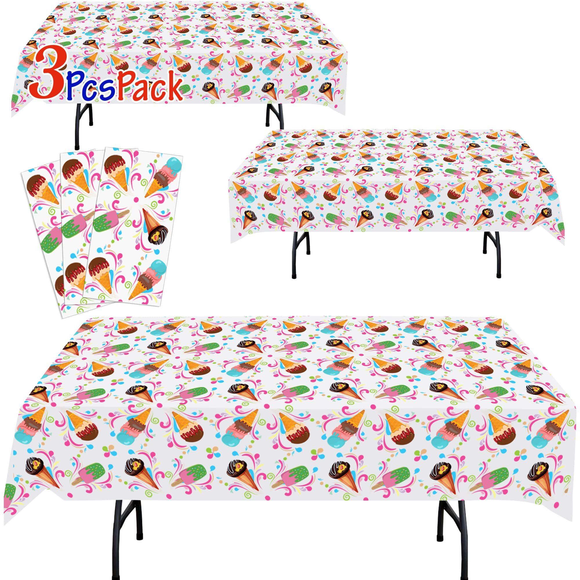 Anapoliz Ice Cream Plastic Tablecloth | 3 Pcs Pack (54    Inch Wide X 102    Inch Long) | Rectangular Ice Cream, Popsicle Table Cover | Summer Party Table Decoration | Ice Cream Social, Bbq Tablecloth