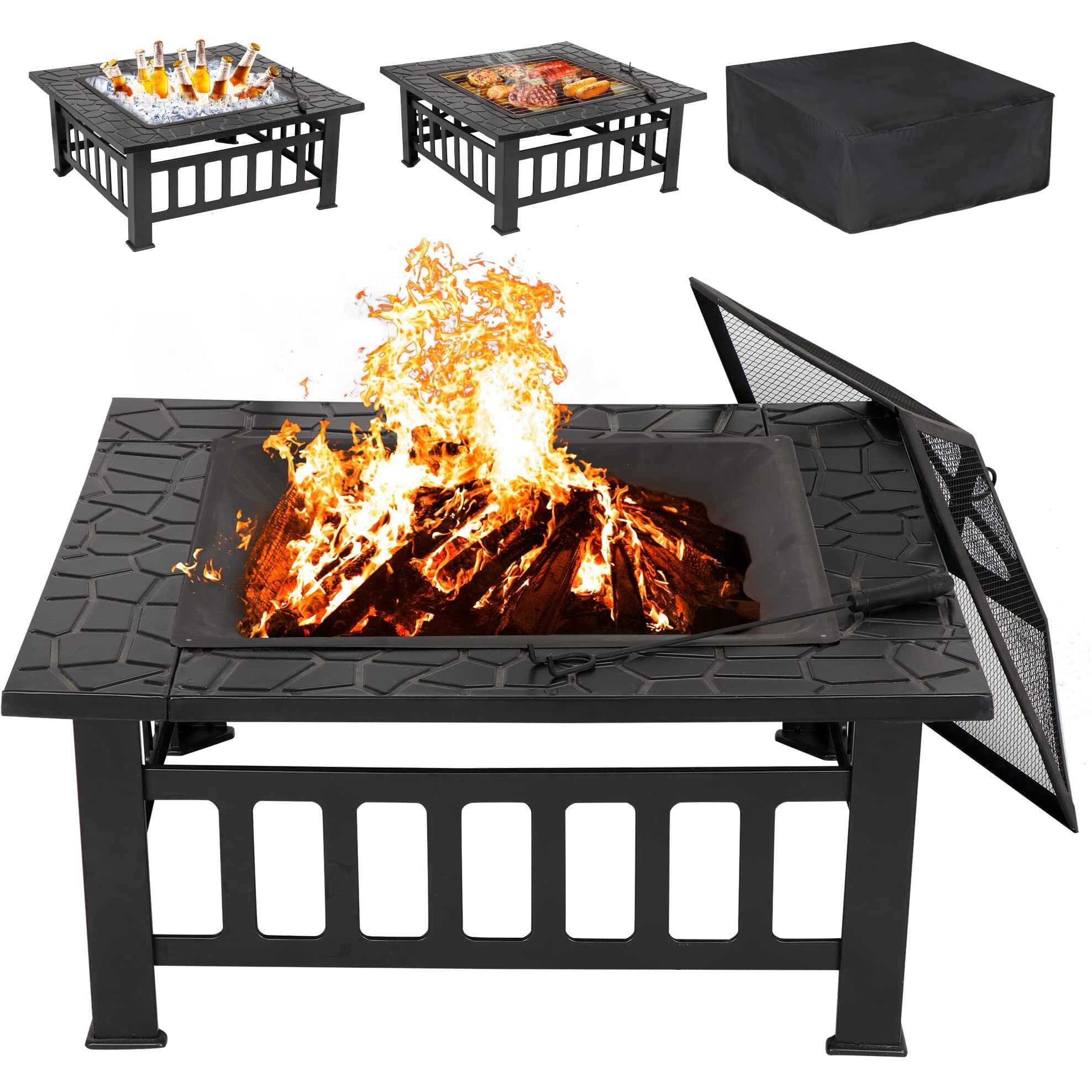 Lemy 32 Inch Outdoor Fire Pit Table, Wood Burning Firepit Stove With Lid For Camping&Bbq, Garden, Backyard