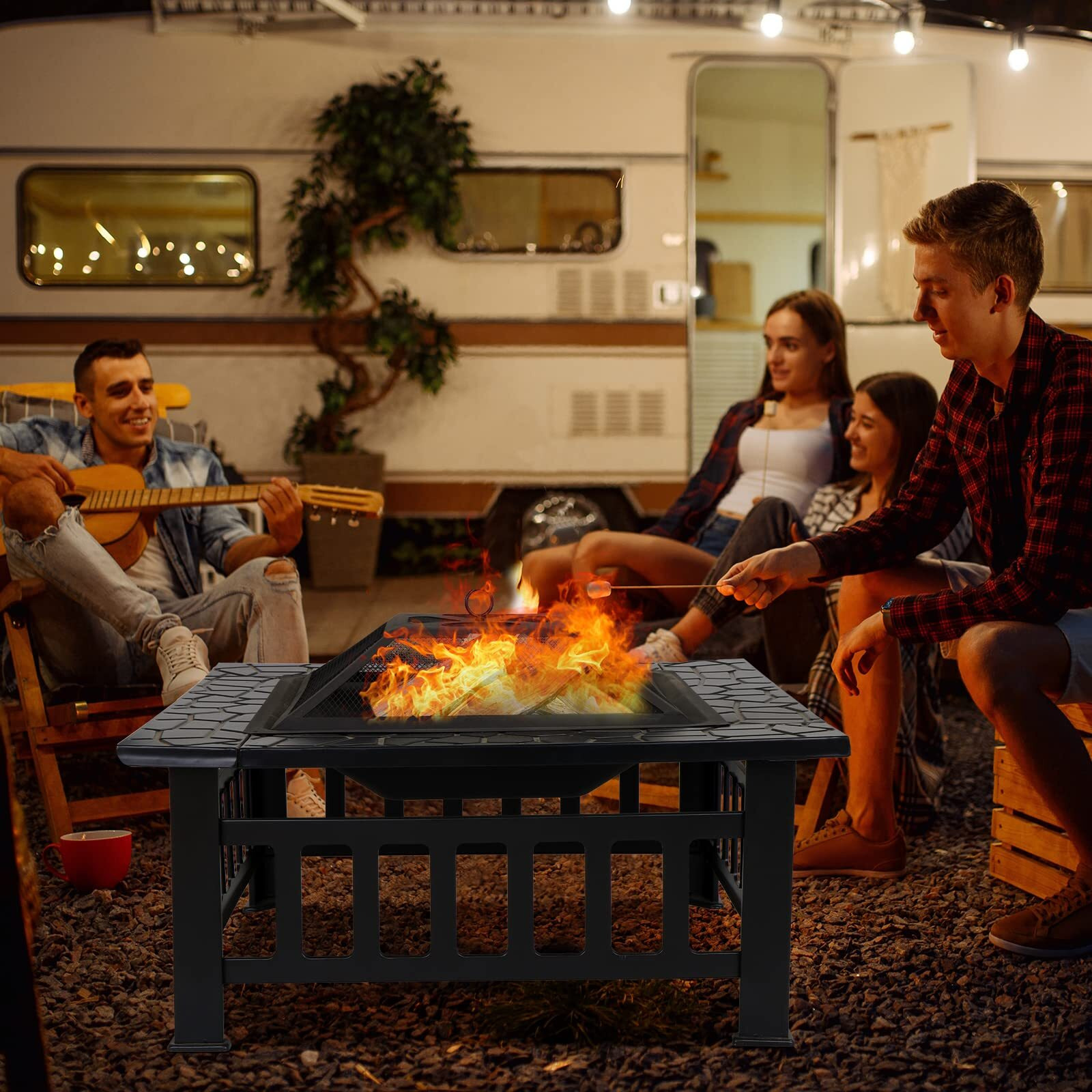 Lemy 32 Inch Outdoor Fire Pit Table, Wood Burning Firepit Stove With Lid For Camping&Bbq, Garden, Backyard