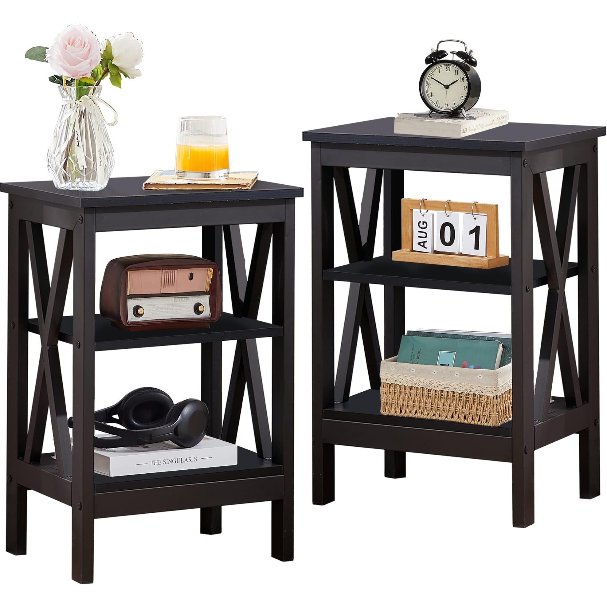 Vecelo Modern Nightstands X-Design Side End Table Night Stand With Storage Shelf For Bedroom,Living Room,Set Of 2 (Black A2)