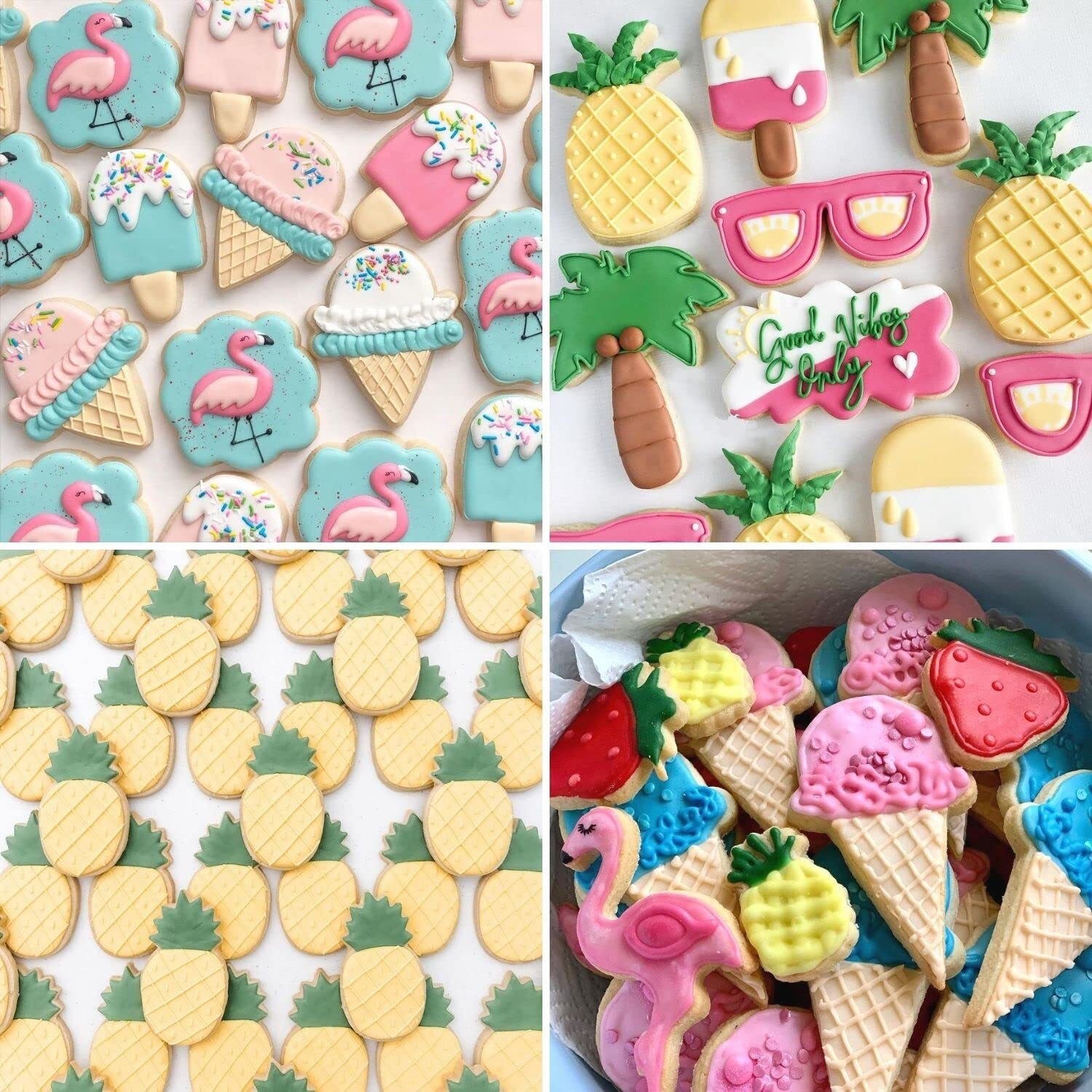 Crethinkaty 6 Pieces Summer Cookie Cutters Set For Baking - Flamingo,Palm Tree,Pineapple,Ice Cream,Cactus And Glasses Shape Stainless Steel Aroma Beads Biscuit/Pastry Cutter