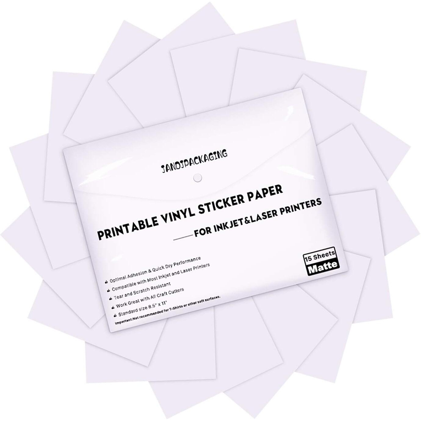 Jandjpackaging Printable Vinyl Sticker Paper - Waterproof Printable Vinyl For Laser & Inkjet Printer 15 Self-Adhesive Sheets - Matte White - Standard Letter Size 8.5"&quotX11""