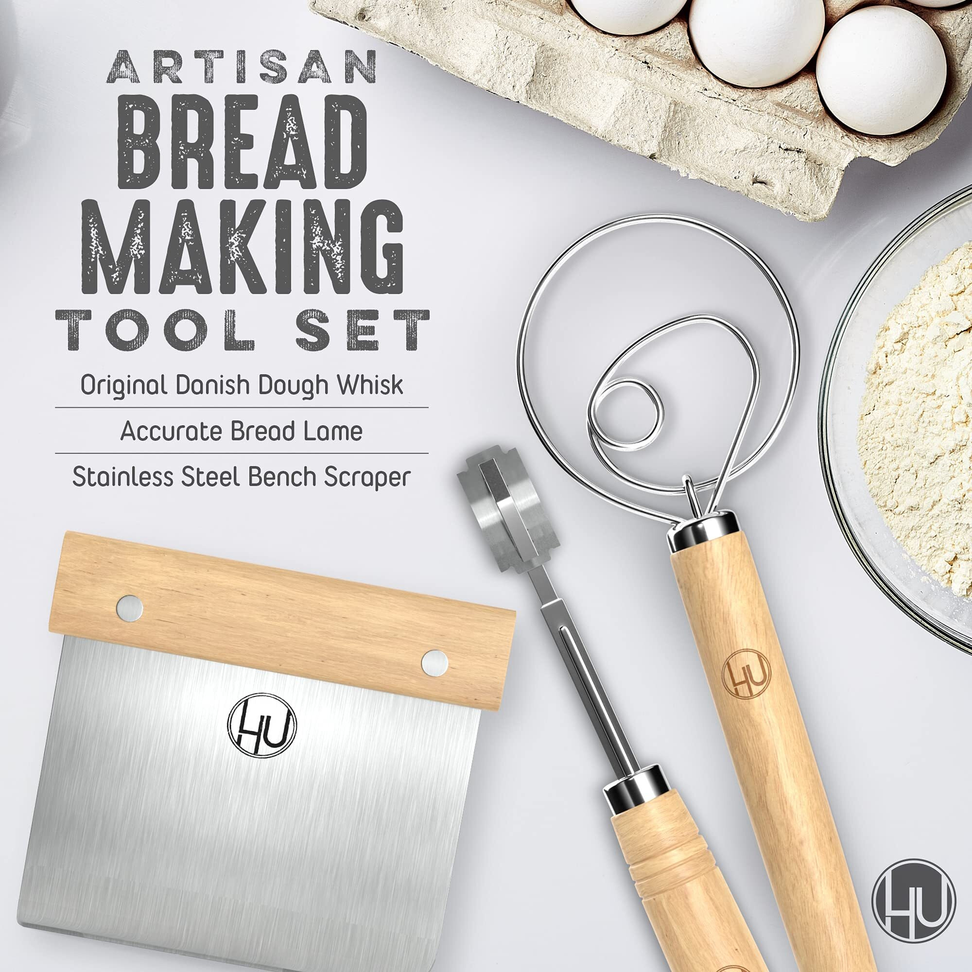 Lhu Bread Making Tools And Supplies - Set Of 3 - Danish Dough Whisk, Bread Lame, Bench Scraper - Dough Hook With Bread Scraper, Lame Bread Tool, Blades - Great For Baking Sourdough, Pizza, Pastry