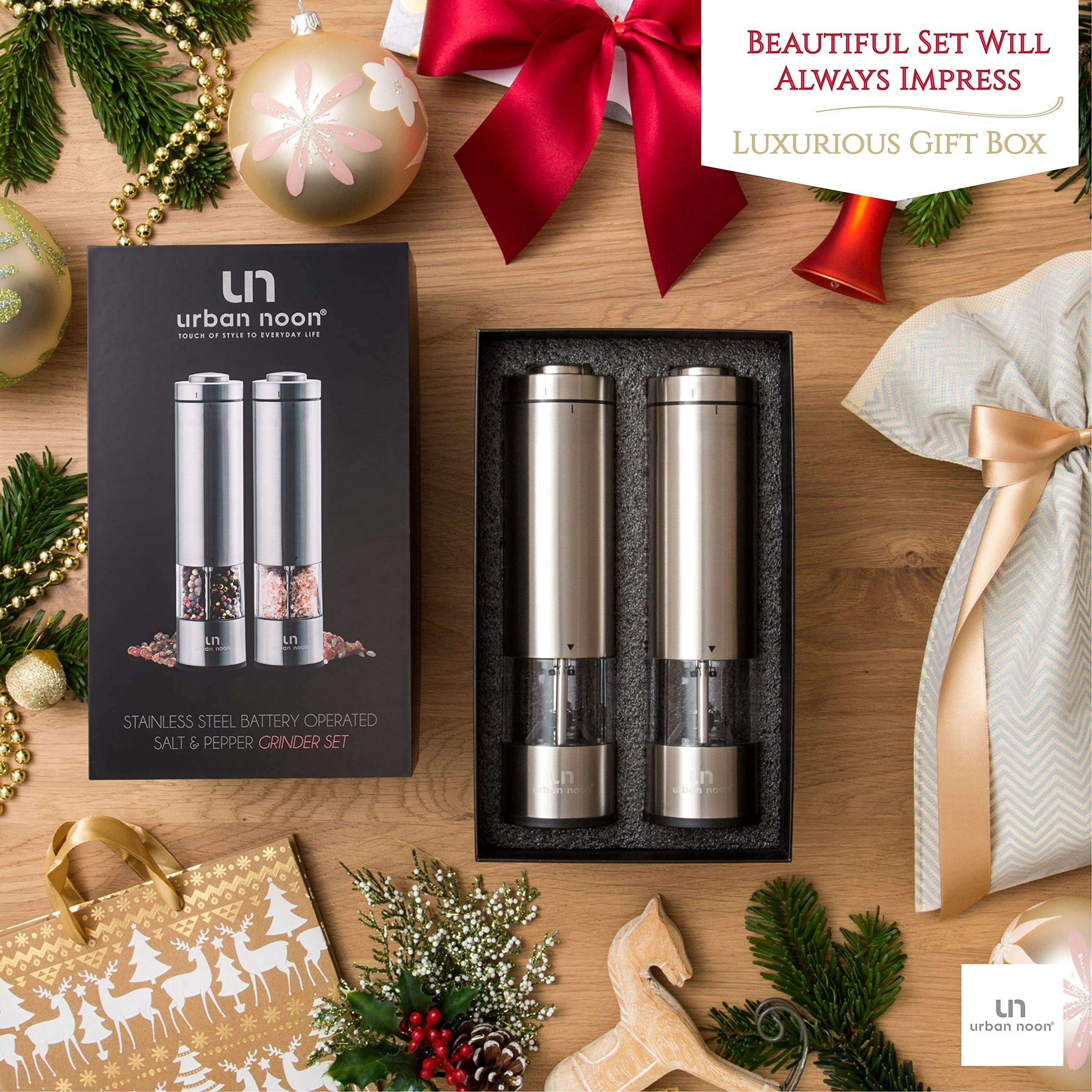 Electric Salt And Pepper Grinder Set - Battery Operated Stainless Steel Mill With Light (2 Mills) - Automatic One Handed Operation - Electronic Adjustable Shakers - Ceramic Grinders