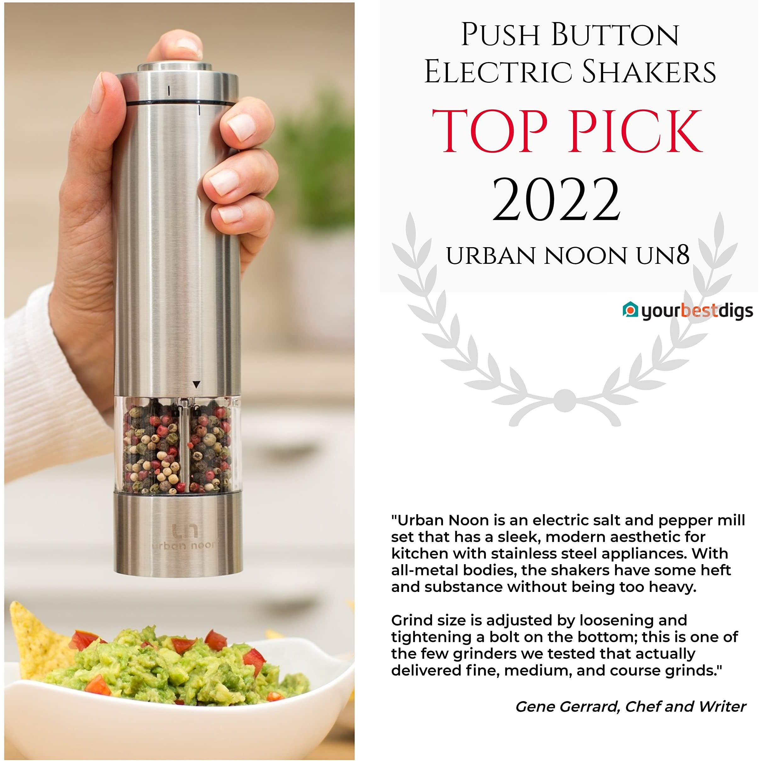 Electric Salt And Pepper Grinder Set - Battery Operated Stainless Steel Mill With Light (2 Mills) - Automatic One Handed Operation - Electronic Adjustable Shakers - Ceramic Grinders