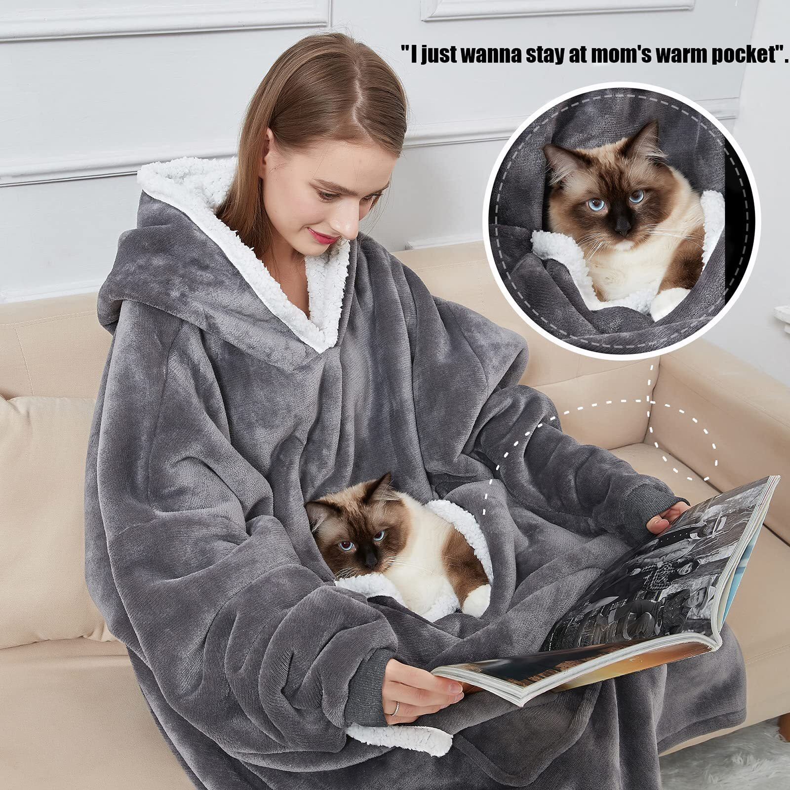 Cozystar Wearable Blanket Hoodie With Giant Pocket (Pet Won'T Leave) Extra Soft Sherpa Fleece Thick Warm & Cozy Oversized Sweatshirt Blanket Jacket With Sleeves Gifts For Adult Men Women - Grey