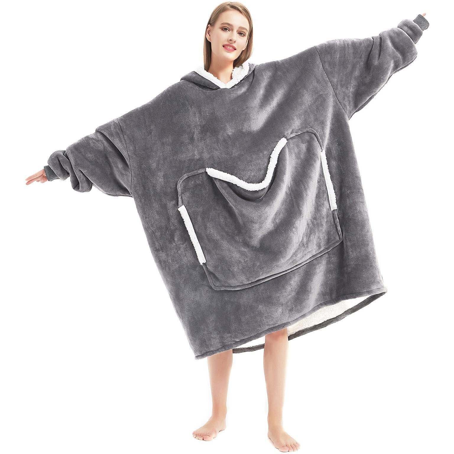 Cozystar Wearable Blanket Hoodie With Giant Pocket (Pet Won'T Leave) Extra Soft Sherpa Fleece Thick Warm & Cozy Oversized Sweatshirt Blanket Jacket With Sleeves Gifts For Adult Men Women - Grey